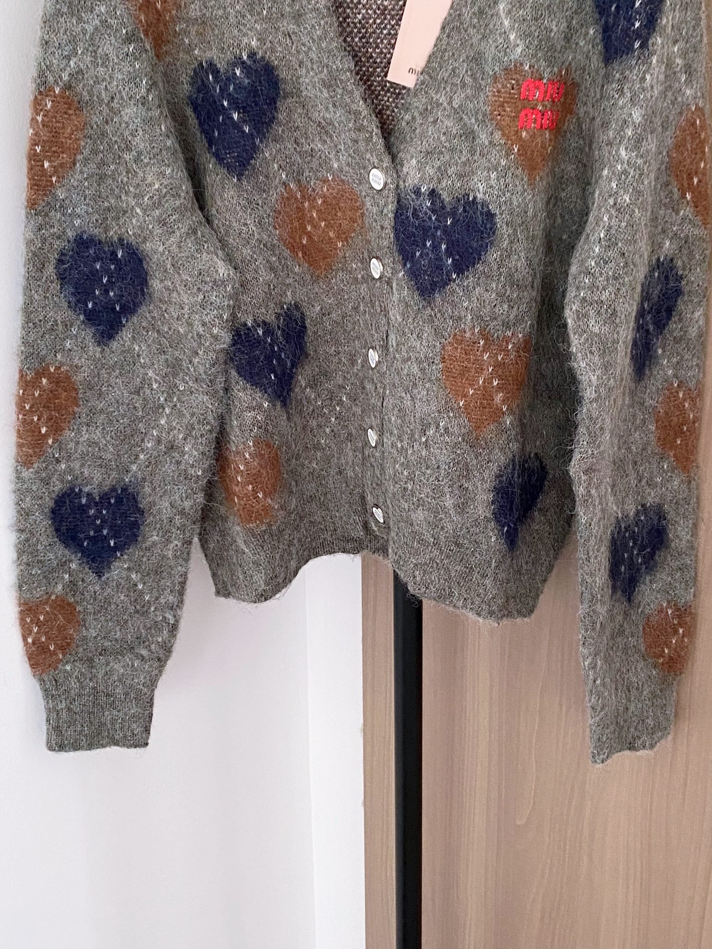 Miumiu 2025 Heart Cardigan Gray mix Colors Wool