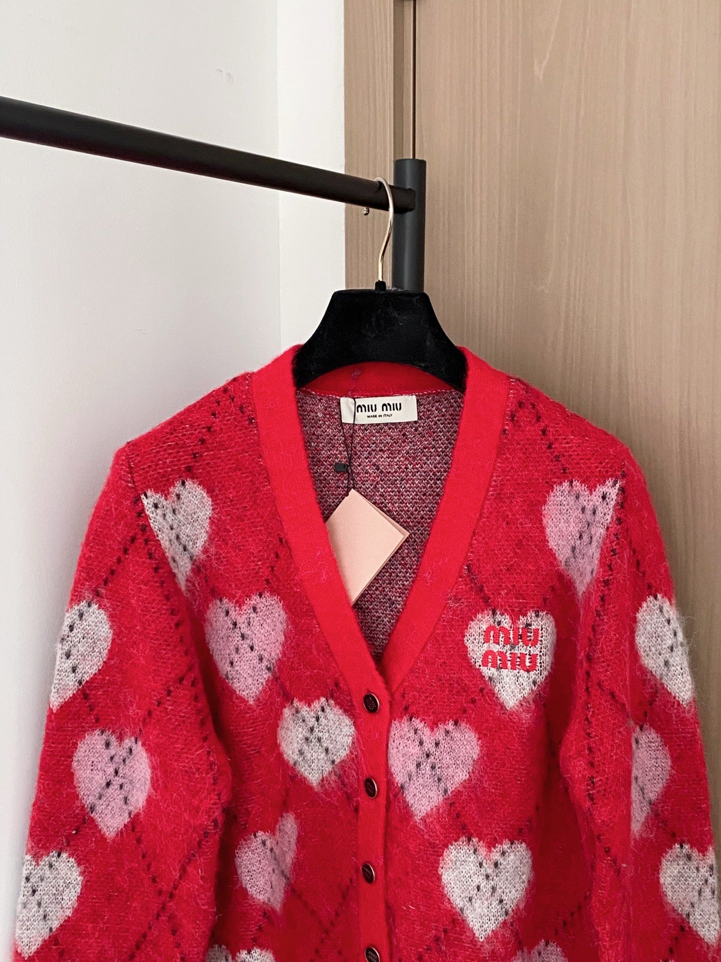 Miumiu 2025 Heart Cardigan Red mix White Wool