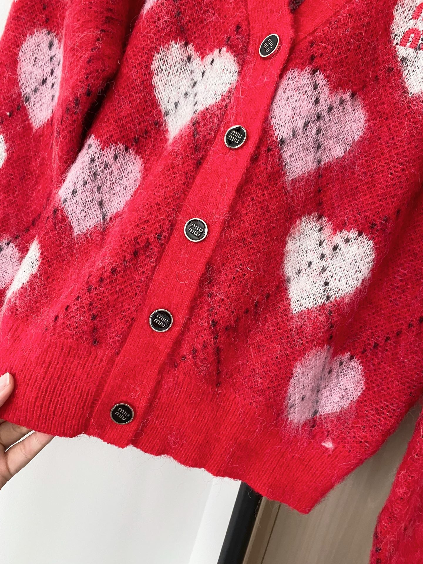 Miumiu 2025 Heart Cardigan Red mix White Wool