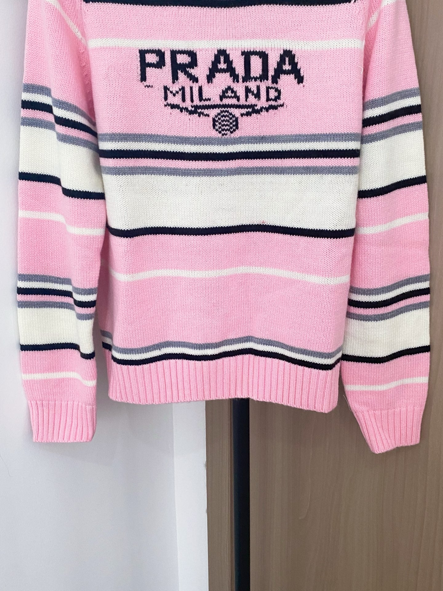 Prada 2025 Striped Long-sleeved Sweater Pink White Wool Cashmere