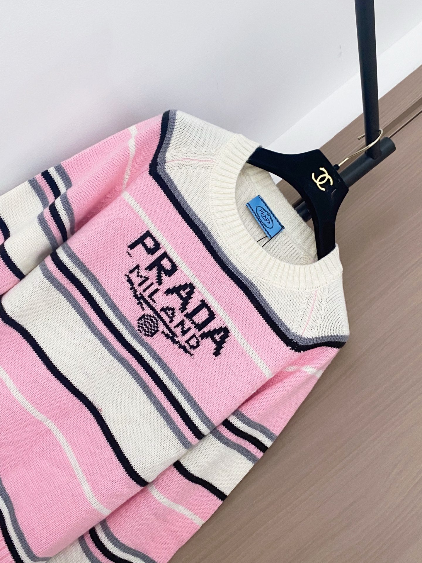 Prada 2025 Striped Long-sleeved Sweater Pink White Wool Cashmere