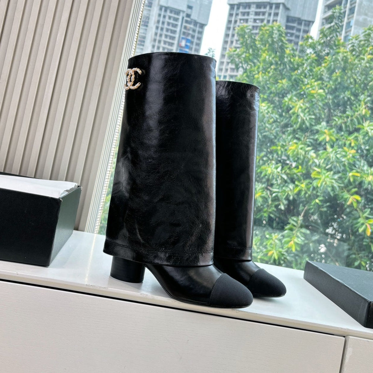 CC 25 High Boot Black Aged Calfskin Grosgrain 430338