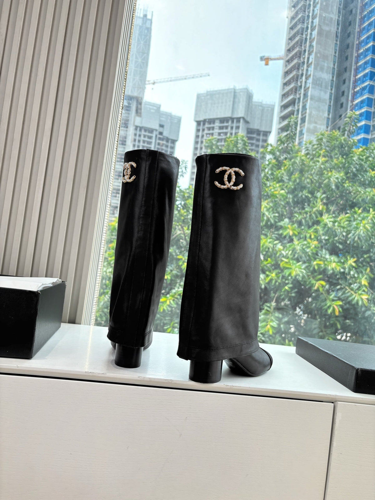 CC 25 High Boot Black Calfskin Grosgrain 430335