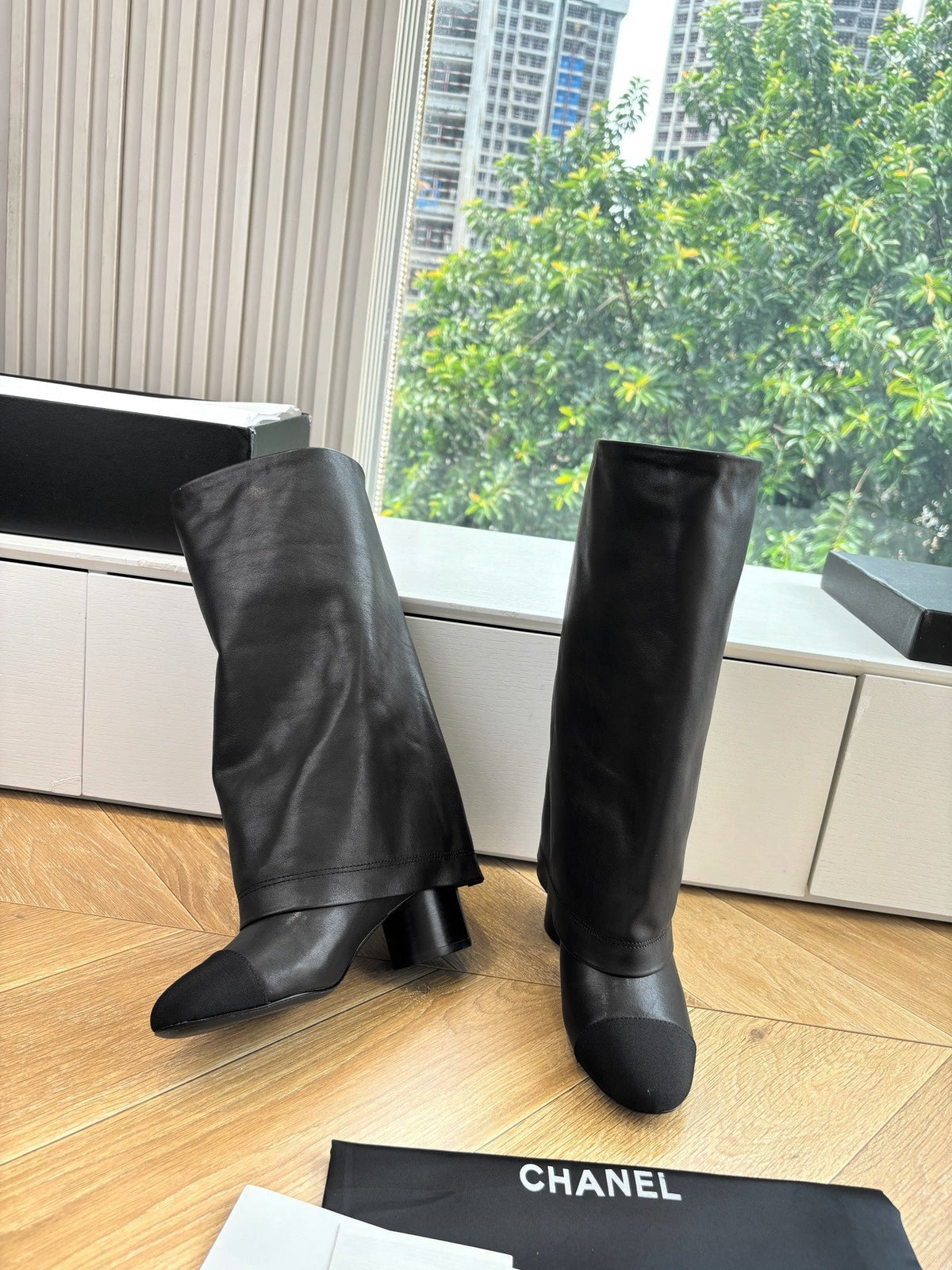 CC 25 High Boot Black Calfskin Grosgrain 430335