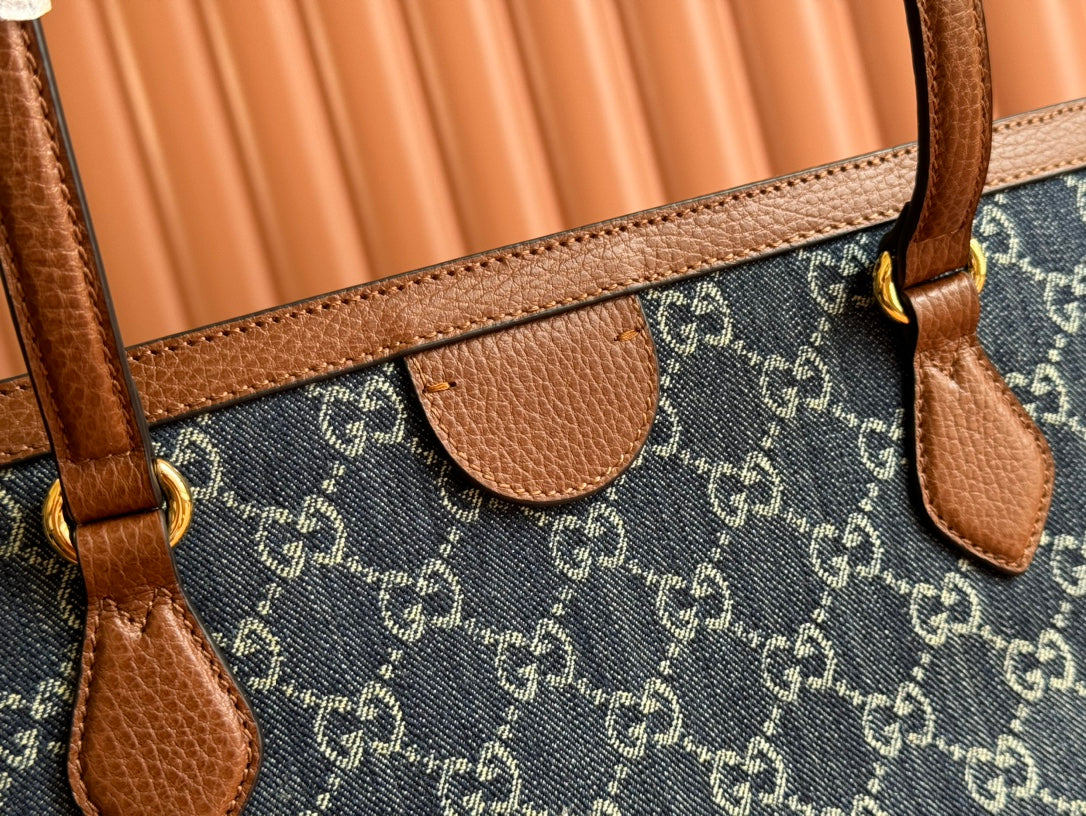 Gucci Ophidia 38cm Bag Blue Brown Leather Canvas 244458