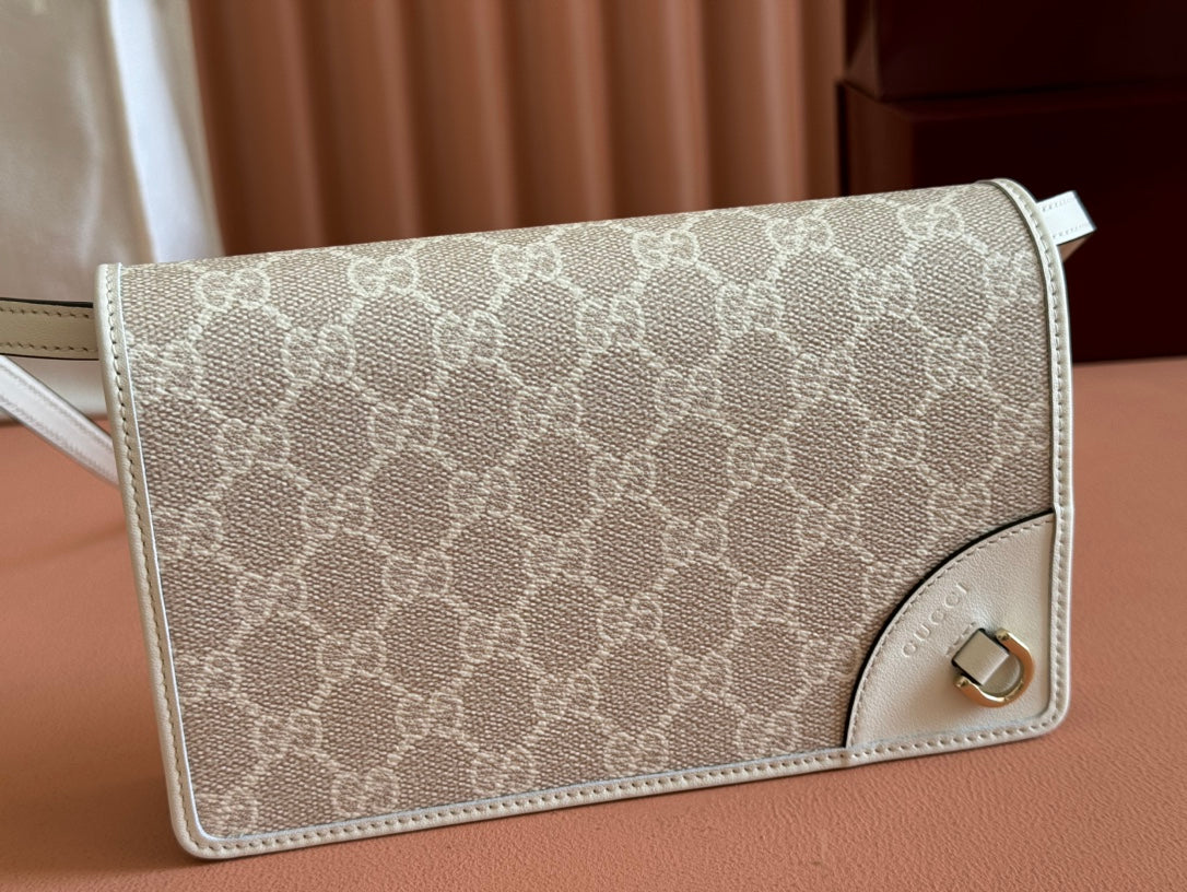 Gucci Emblem Mini Shoulder Bag Beige Canvas Leather 244542