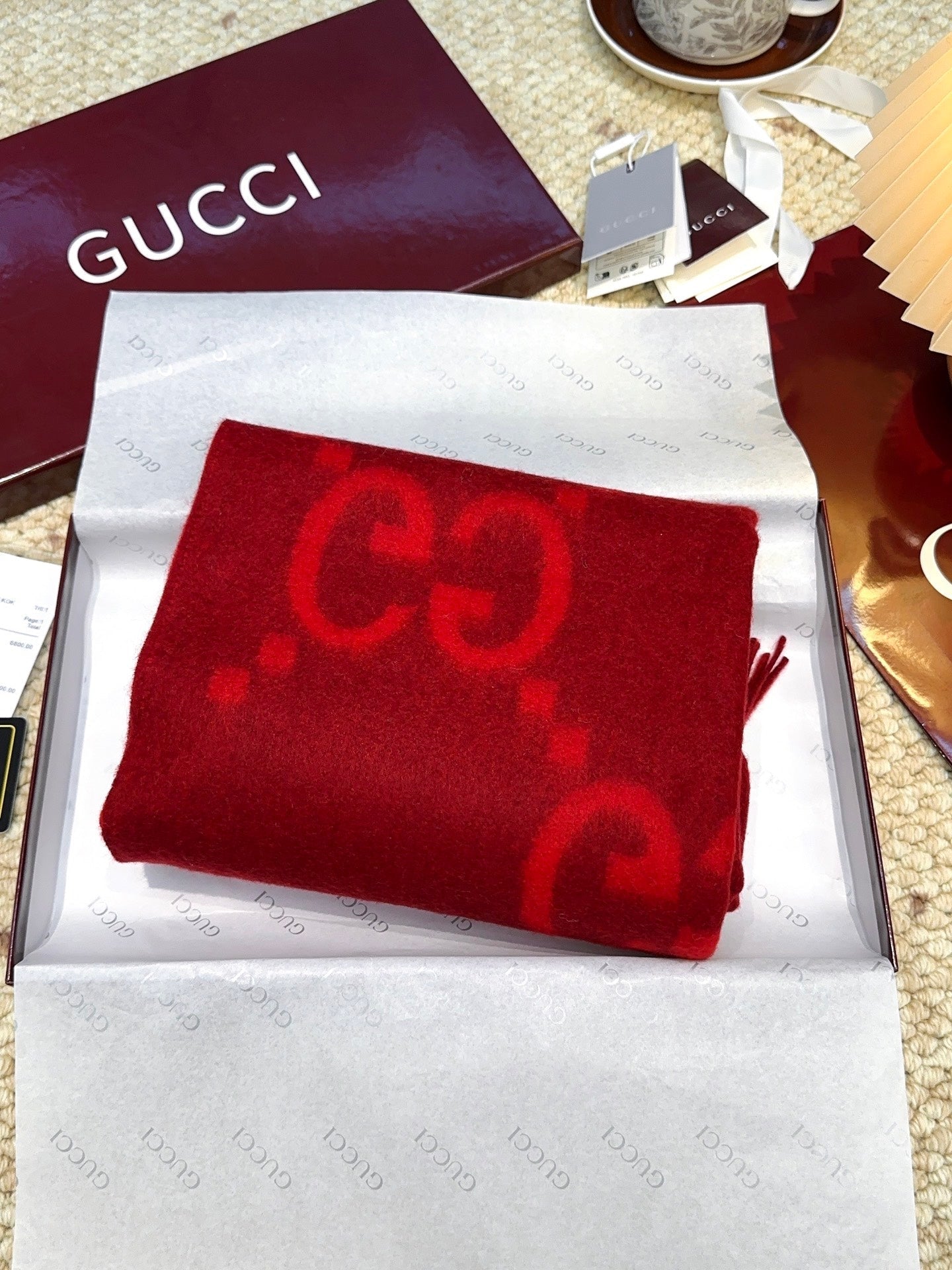 GG Double G Jacquard Scarf 200CM  Red Wool 282789