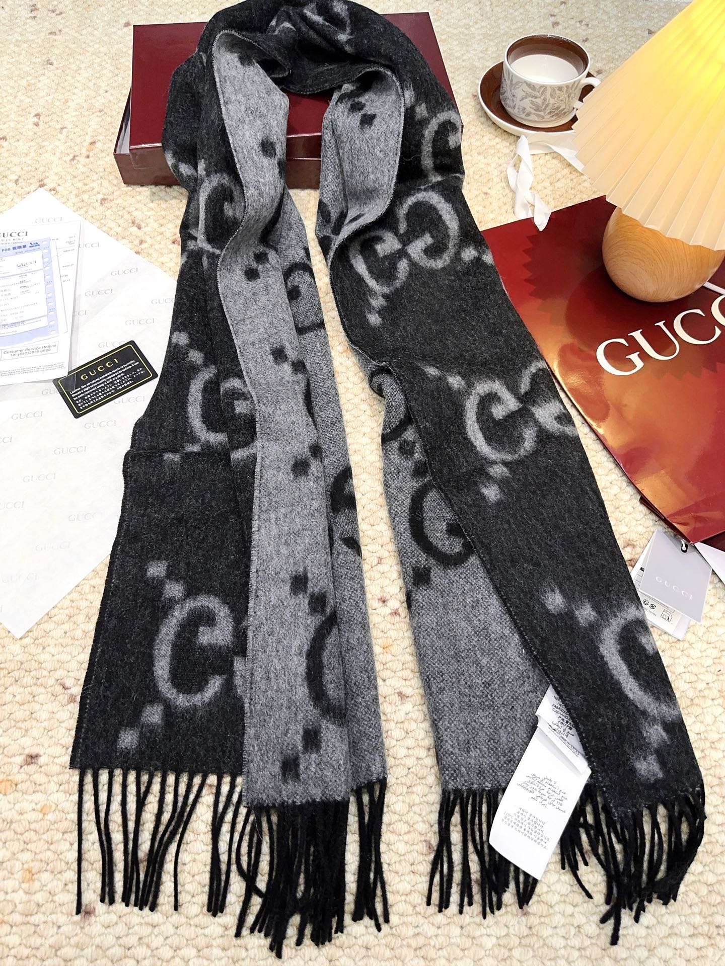 GG Double G Jacquard Scarf 200CM  Black Wool 282790