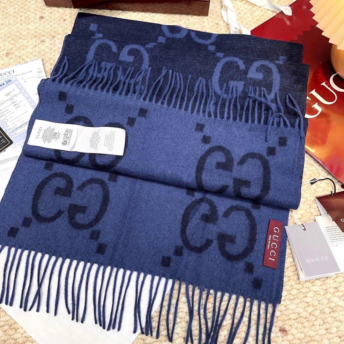GG Double G Jacquard Scarf 200CM  Blue Black Wool 282791