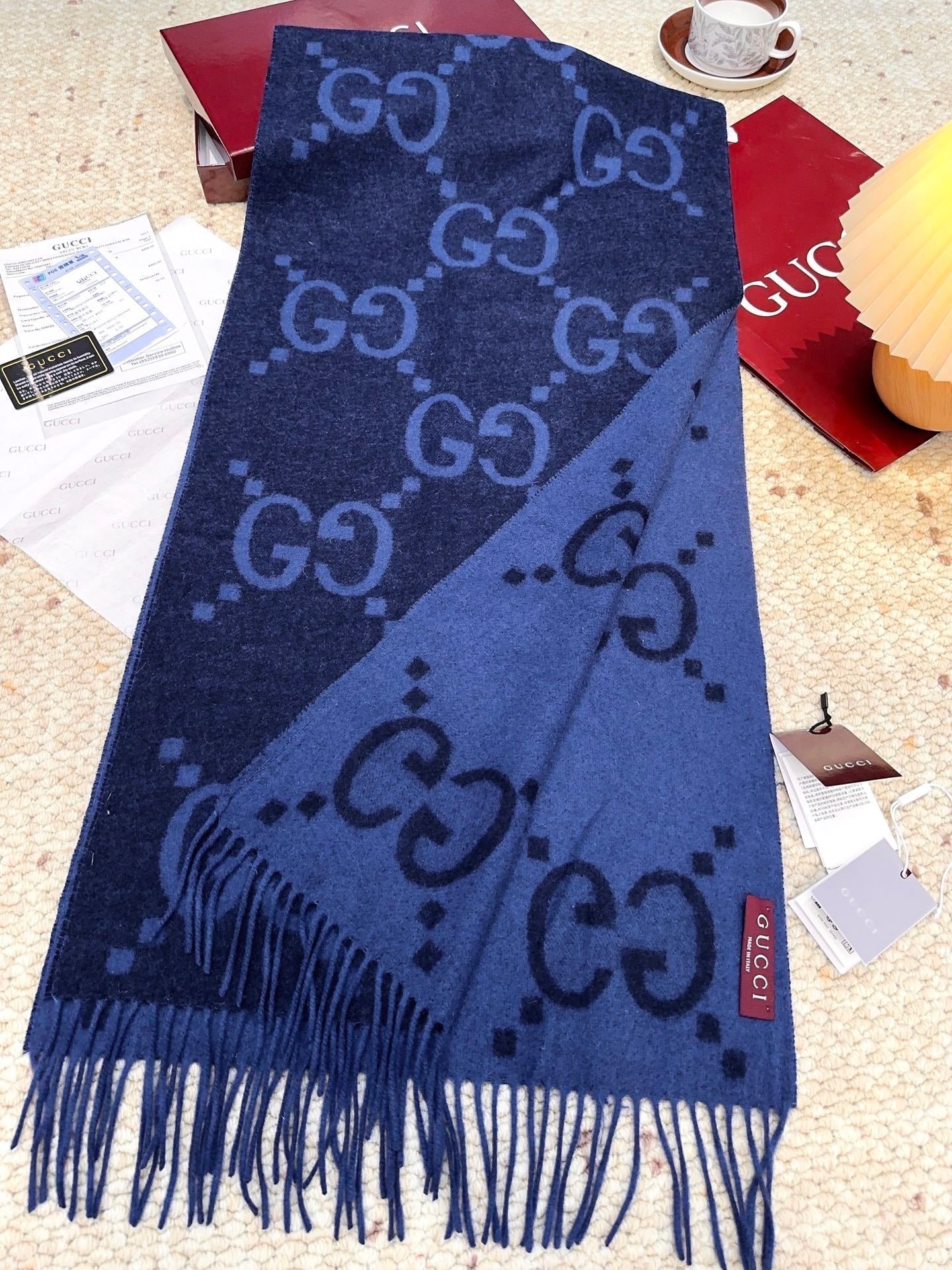 GG Double G Jacquard Scarf 200CM  Blue Black Wool 282791