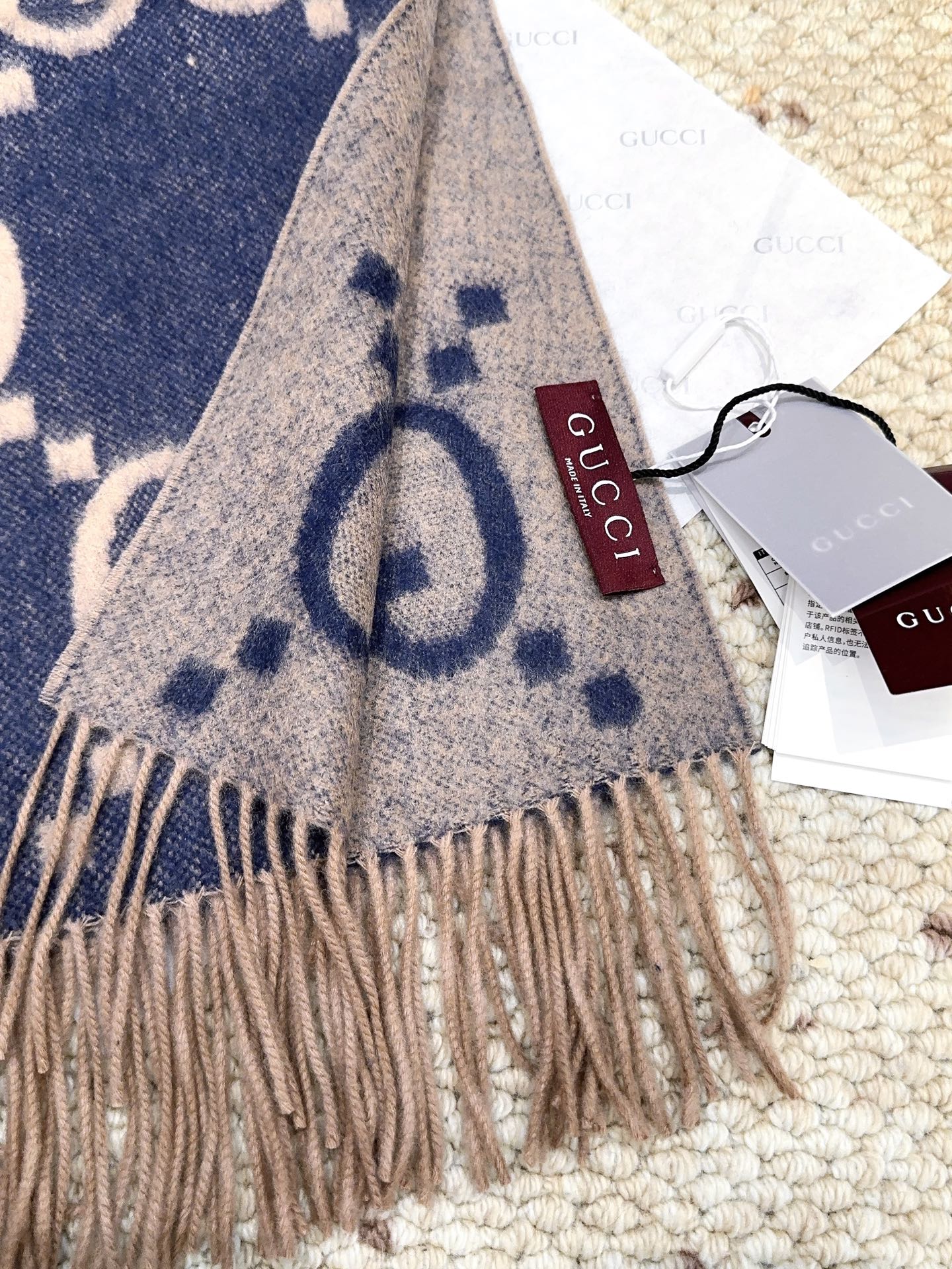 GG Double G Jacquard Scarf 200CM  Blue Beige Wool 282792