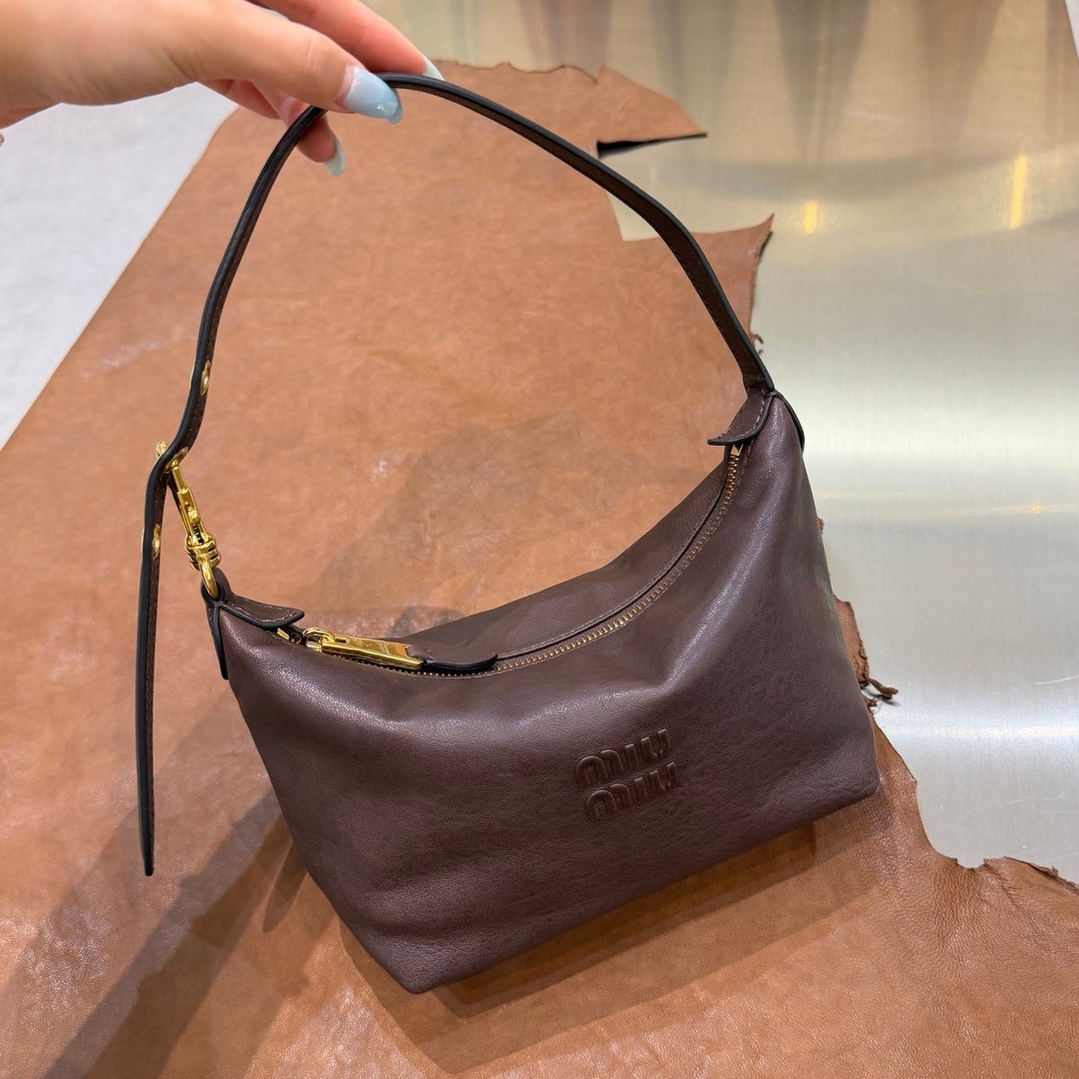 MiuMiu 2026 Spirit Pouch Bag 19cm Dark Brown Nappa Leather