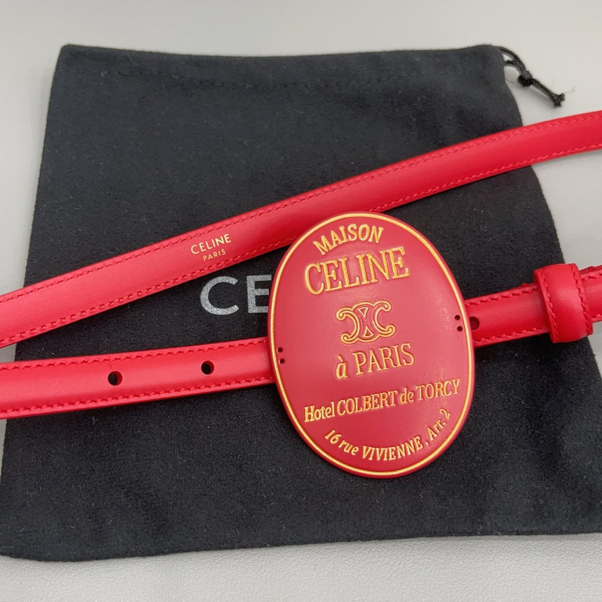 Celine 2026 Triomphe Slim Oval Badge Buckle Belt 13mm Red Leather