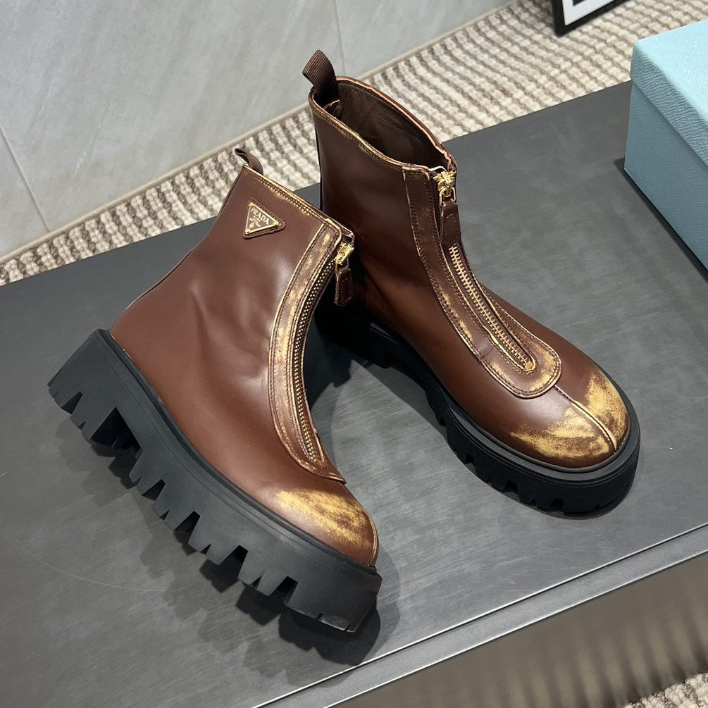 Prada 25 Martin Boots Brown Black Cowhide 501672