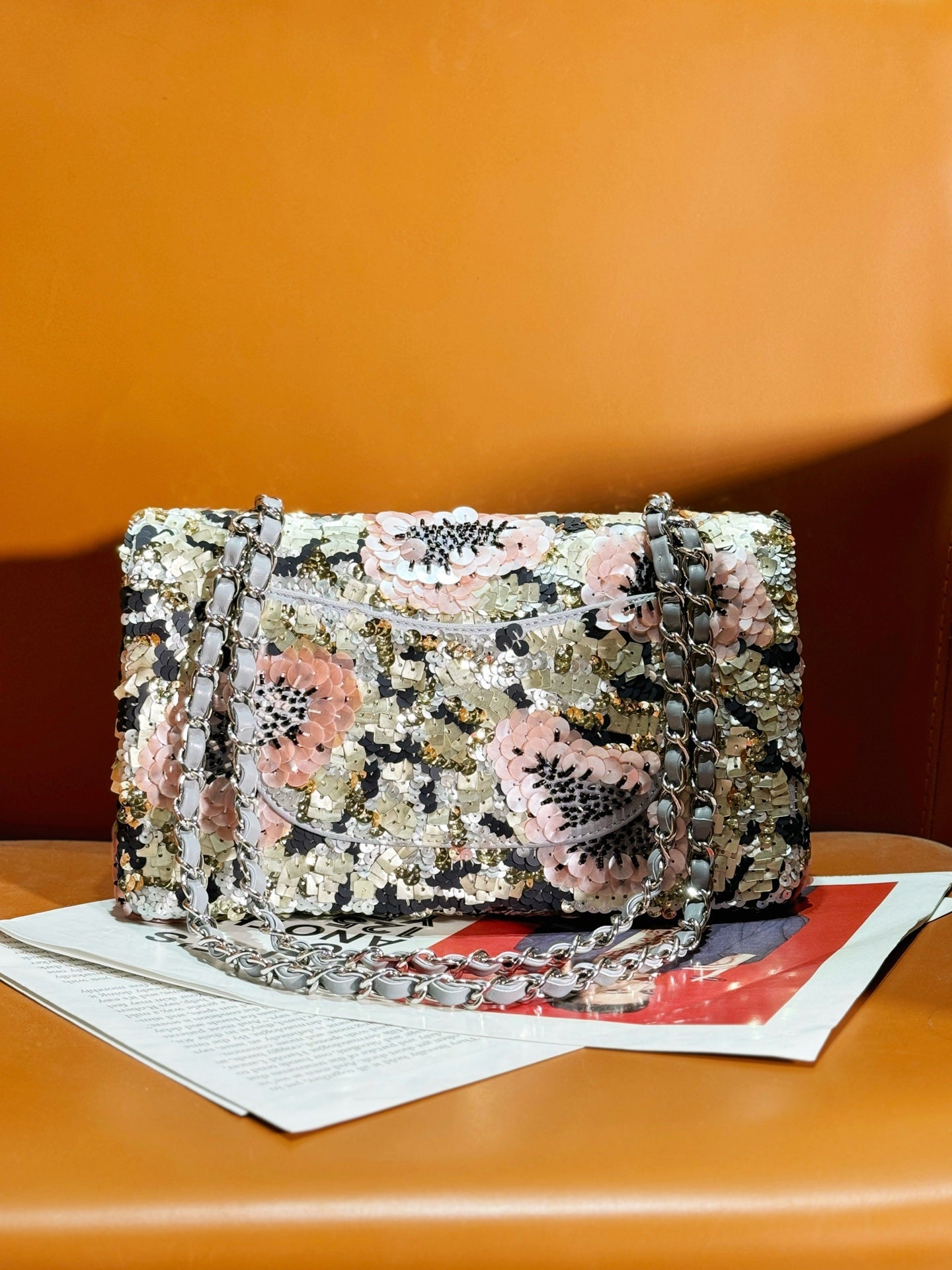 24S Flap Bag 25.5cm Multicolor Sequin Pink Flower Pearl Caflskin