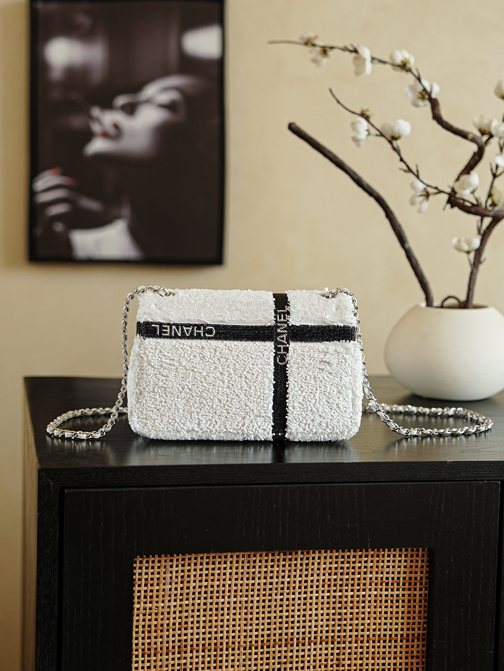 CC 2025 Bow Flap Bag White Black Sequin 308598