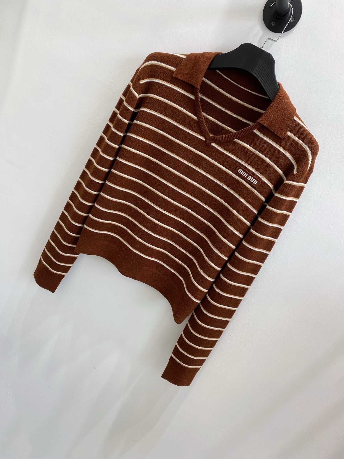 Miumiu 2026 V-neck Striped Knit Polo Sweater Brown Wool 244580
