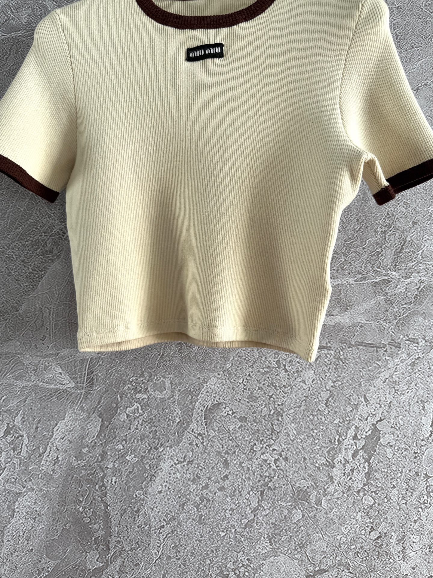 Miu Miu Short-sleeved Knitted Sweater Brown Cream Cotton