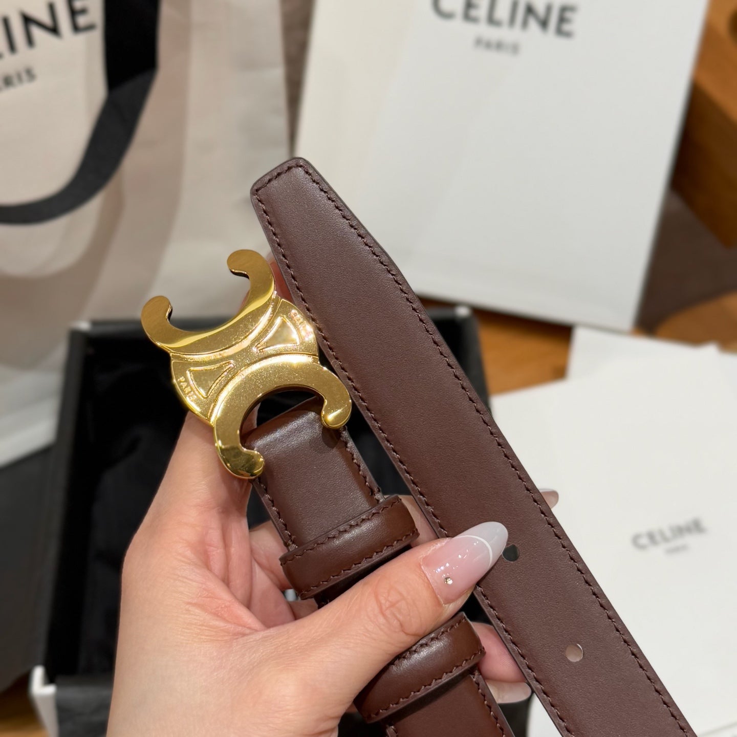 CEL Triomphe Belt 25mm Brown Gold Calfskin 187489