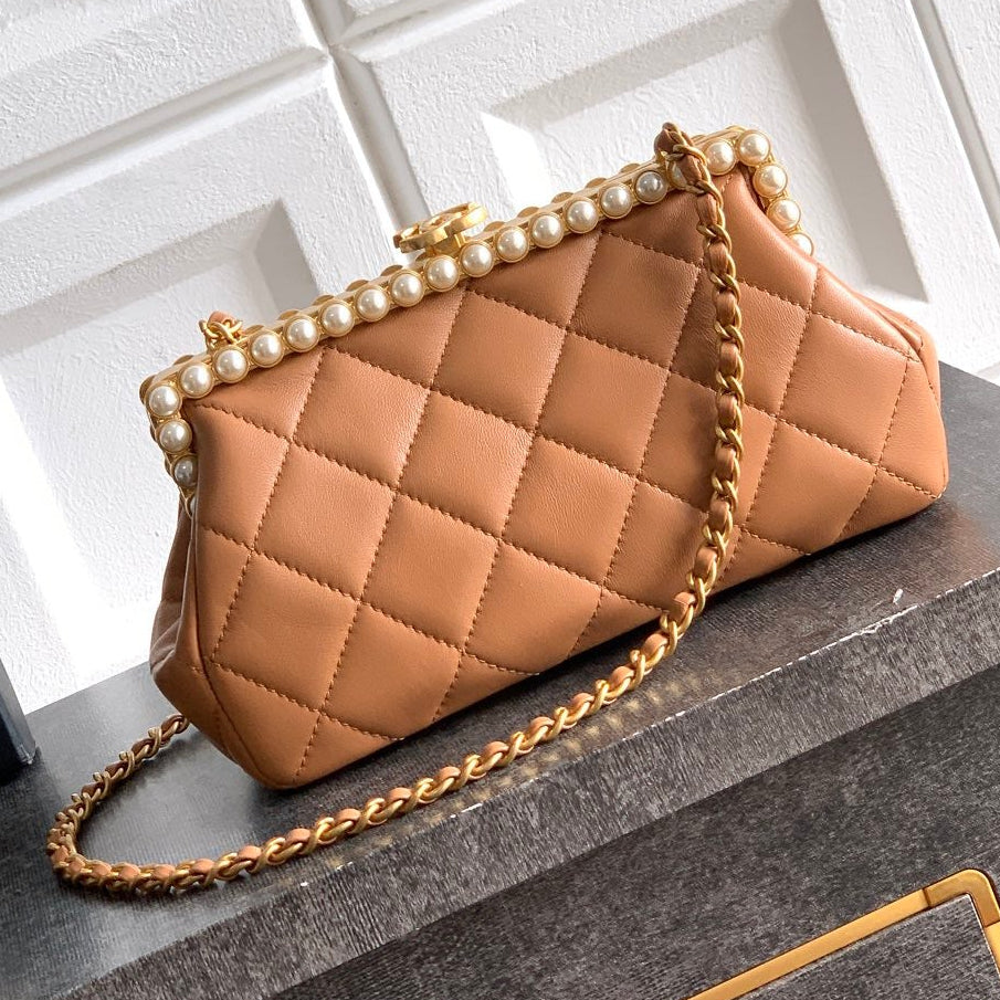 Chanel 2026 Pearl Clutch Brown Gold Lambskin 321879