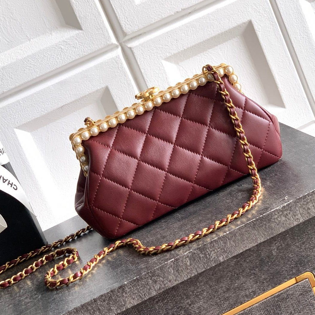 Chanel 2026 Pearl Clutch Burgundy Gold Lambskin 321878