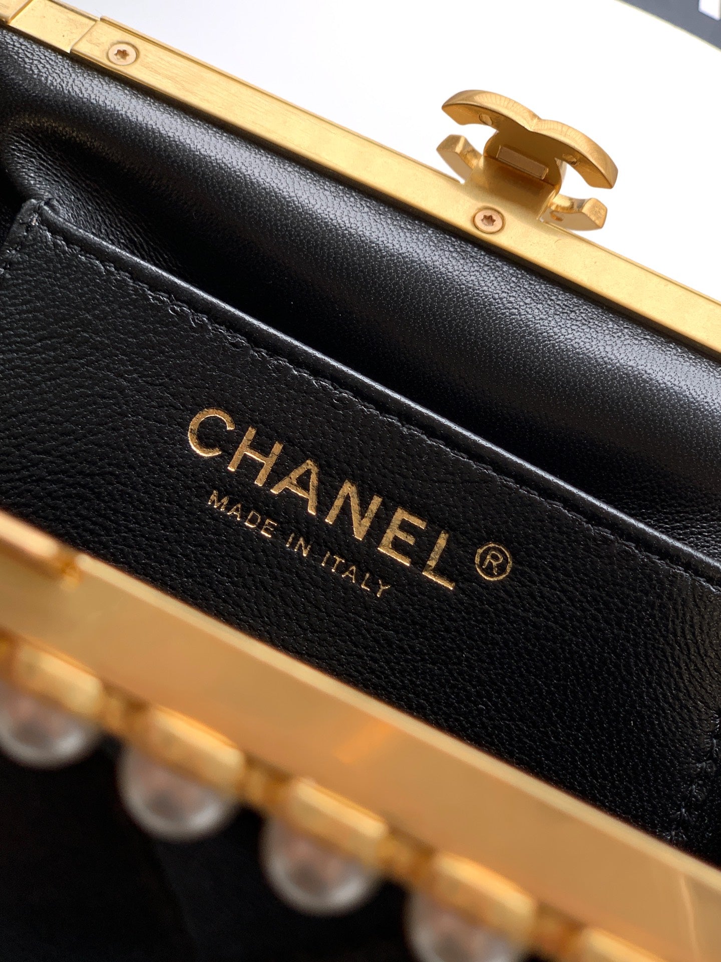 Chanel 2026 Pearl Clutch Black Gold Lambskin 321877