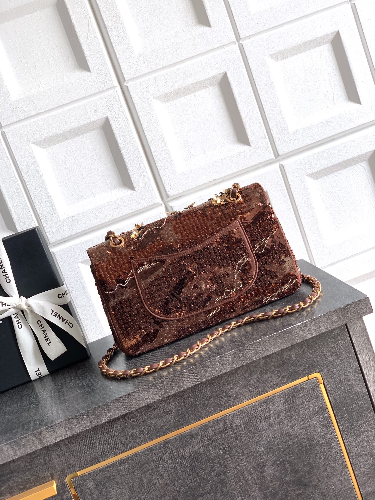 Chane 2026 Flap Bag Brown Mix Colors Sequin Leather