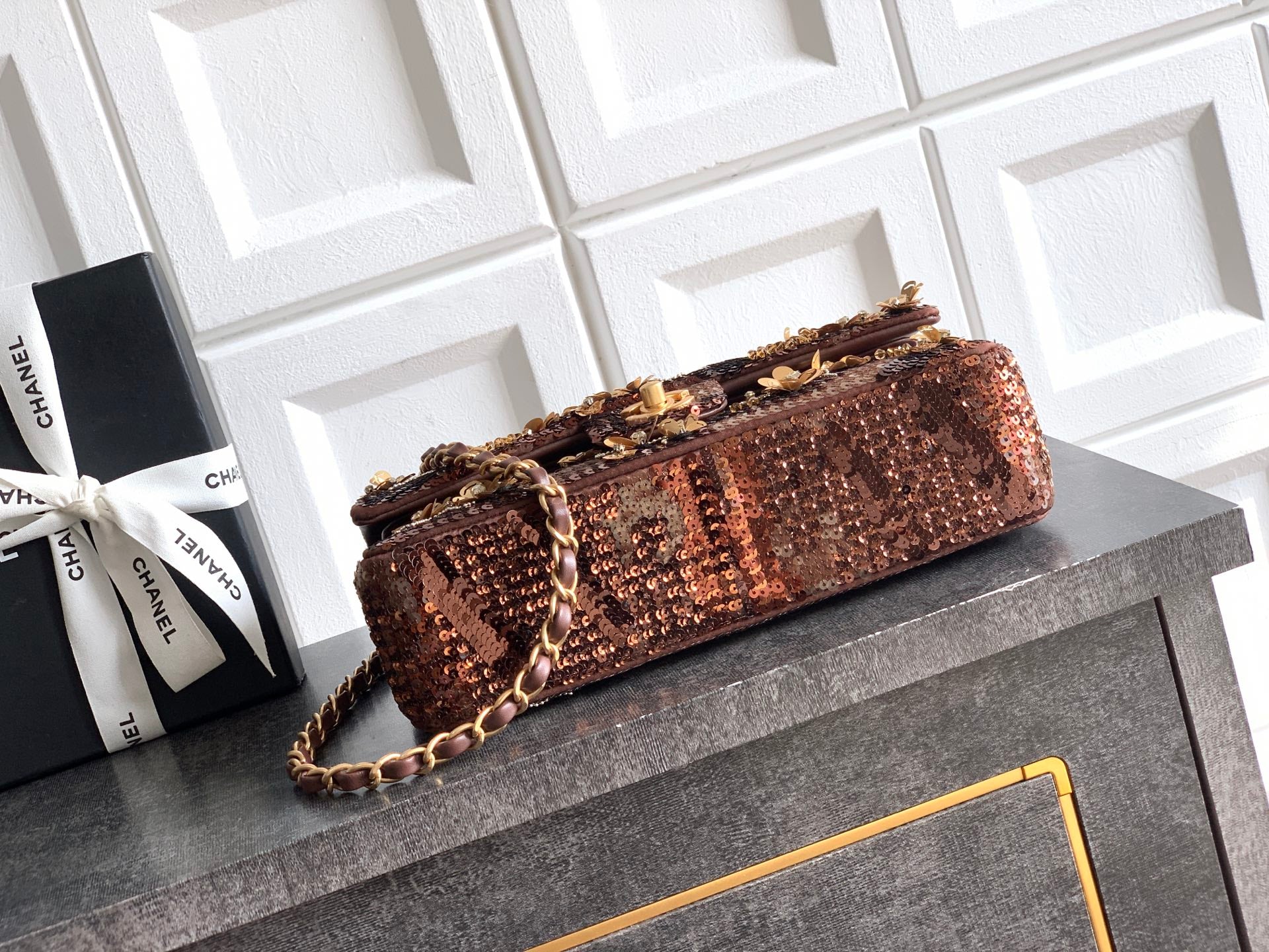 Chane 2026 Flap Bag Brown Mix Colors Sequin Leather
