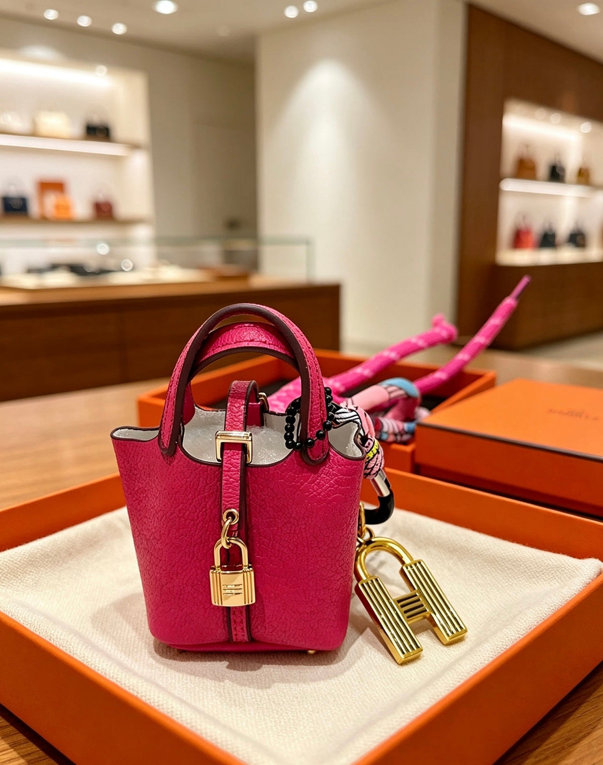 Hermes Pink Gold Bucket Bag Charm