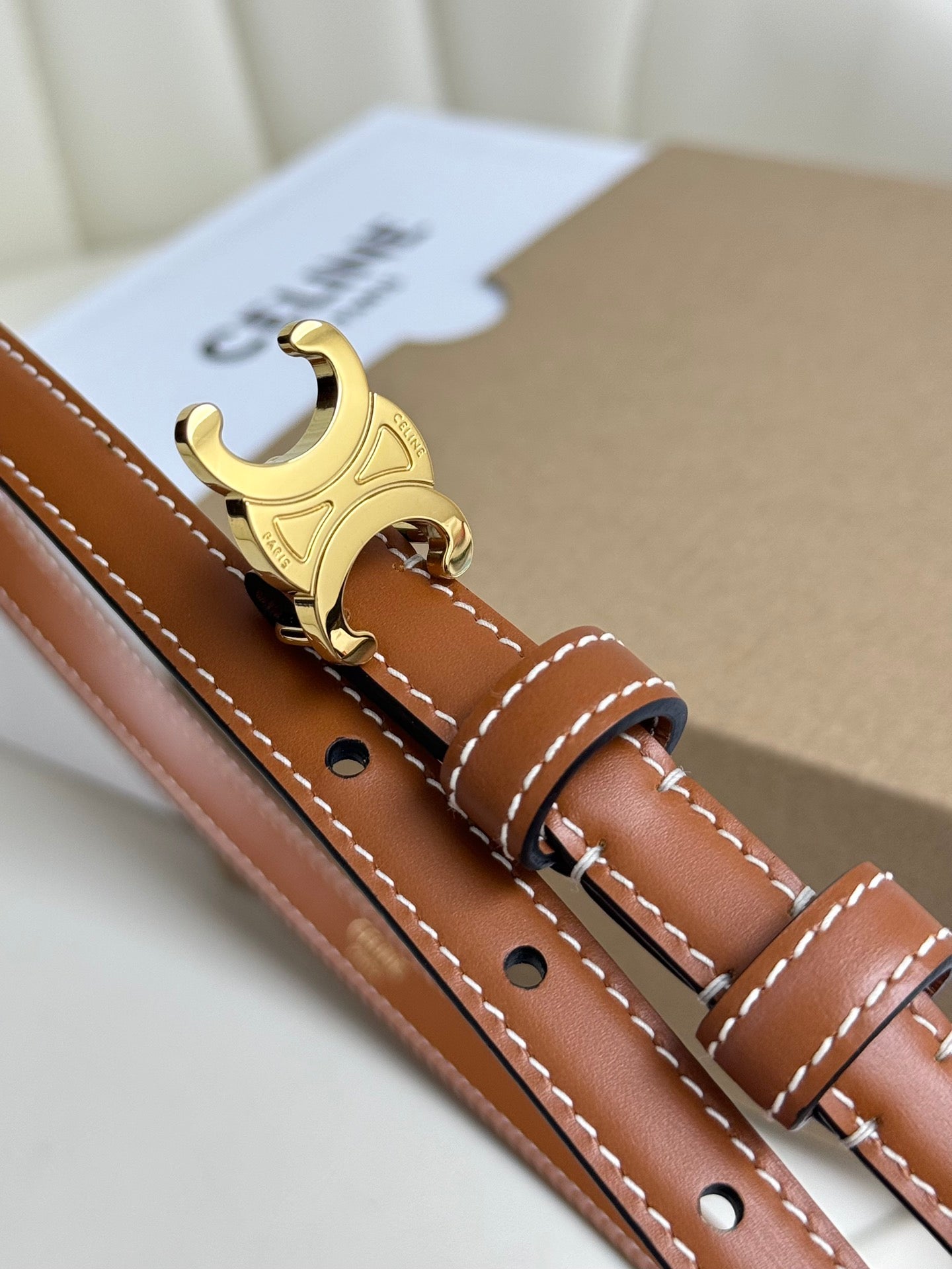 MINI TRIOMPHE BELT 13 MM BRONZE BROWN LEATHER GOLD HARDWARE