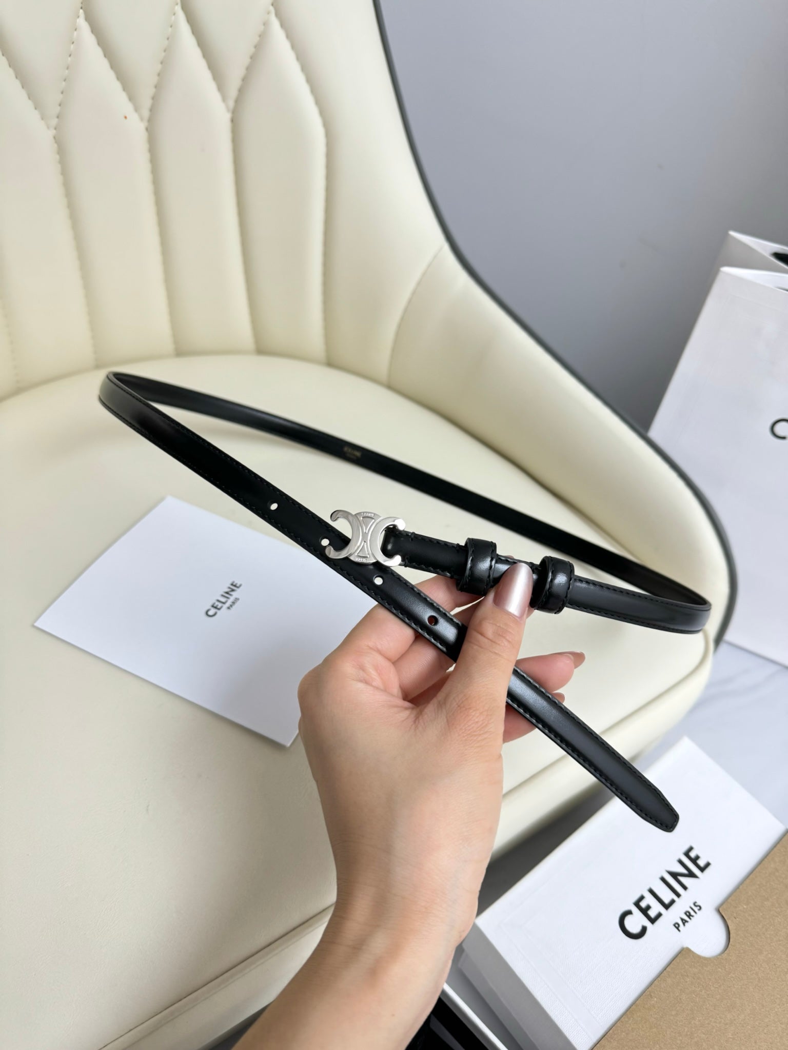 CEL Silver Buckle 13mm Belt Black Cowhide 179726