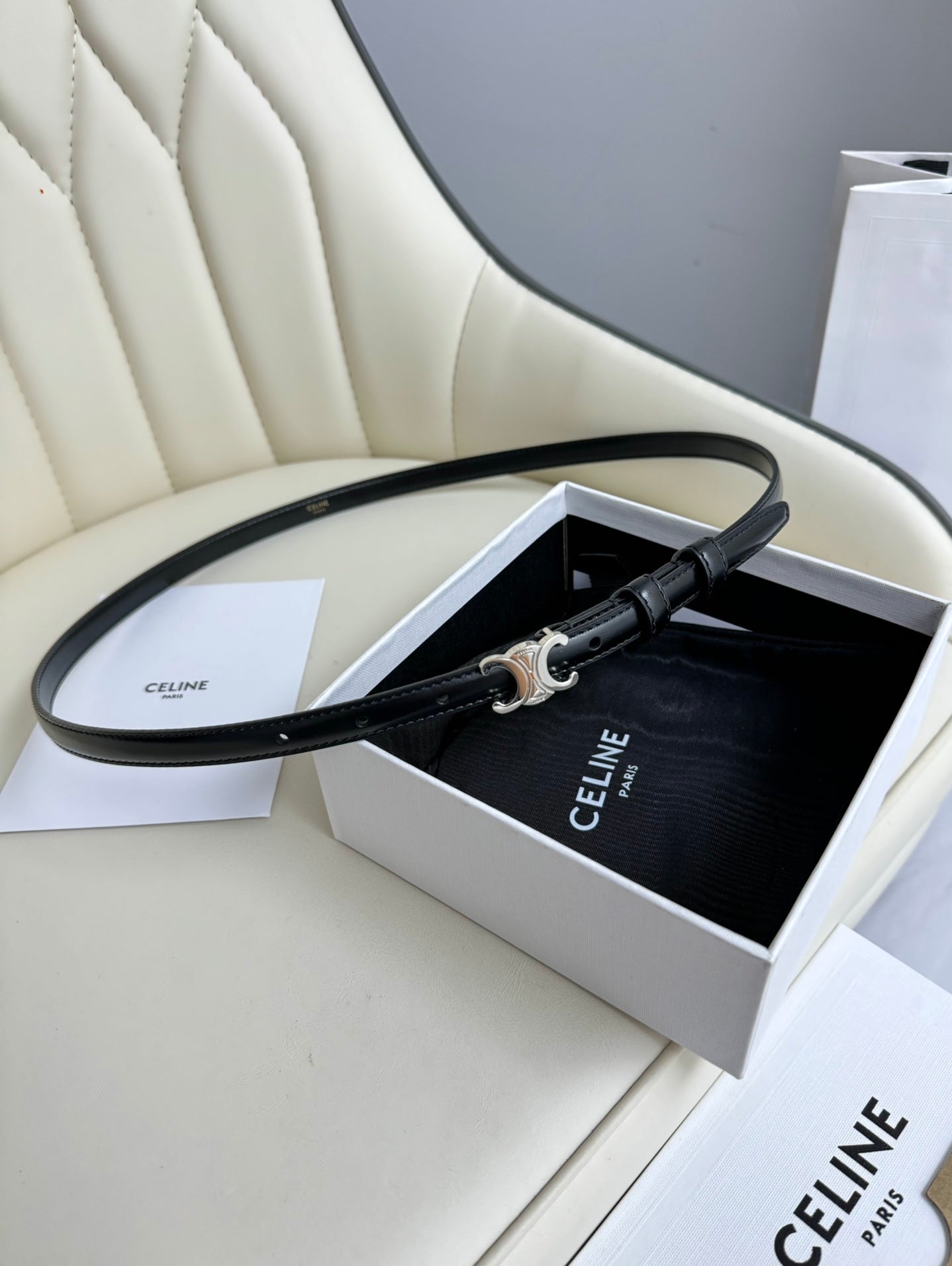 CEL Silver Buckle 13mm Belt Black Cowhide 179726