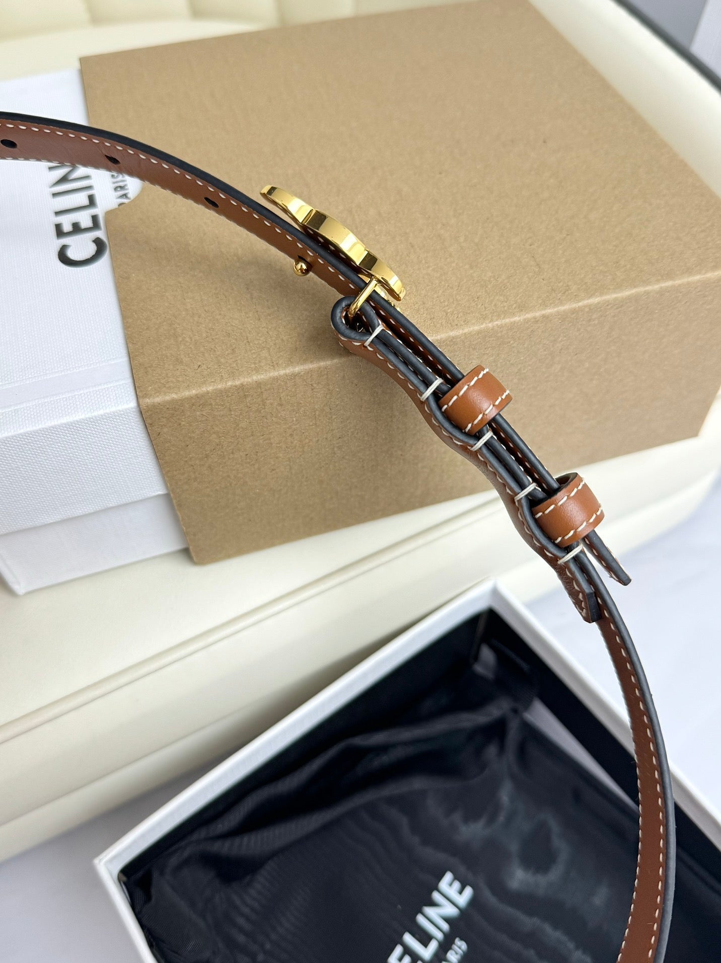 SMALL TRIOMPHE BELT 18 MM BRONZE BROWN LEATHER GOLD HARDWARE