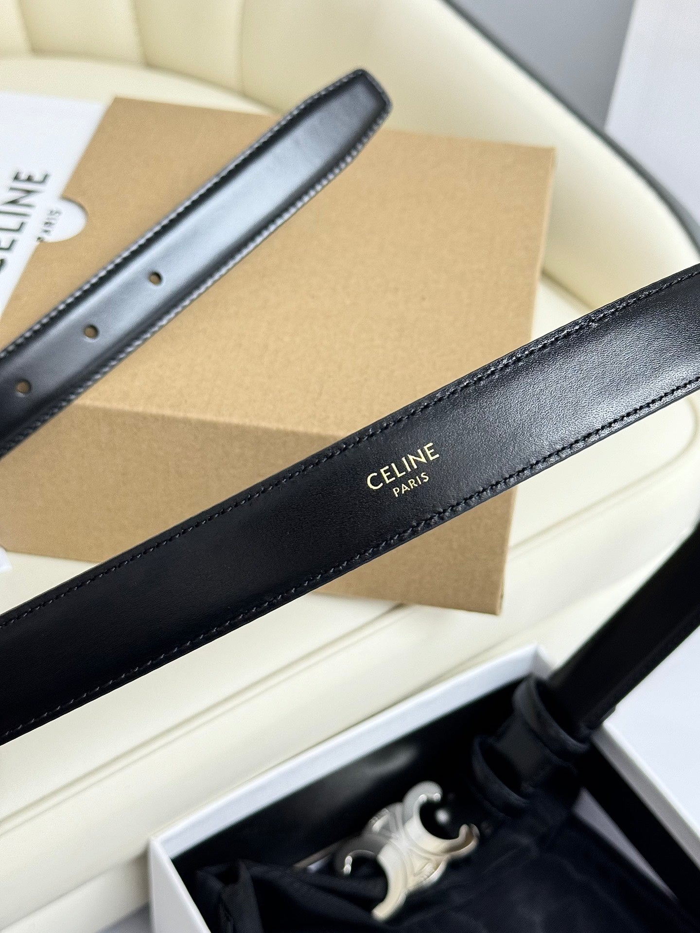 SMALL TRIOMPHE BELT 18 MM BLACK LEATHER SILVER HARDWARE