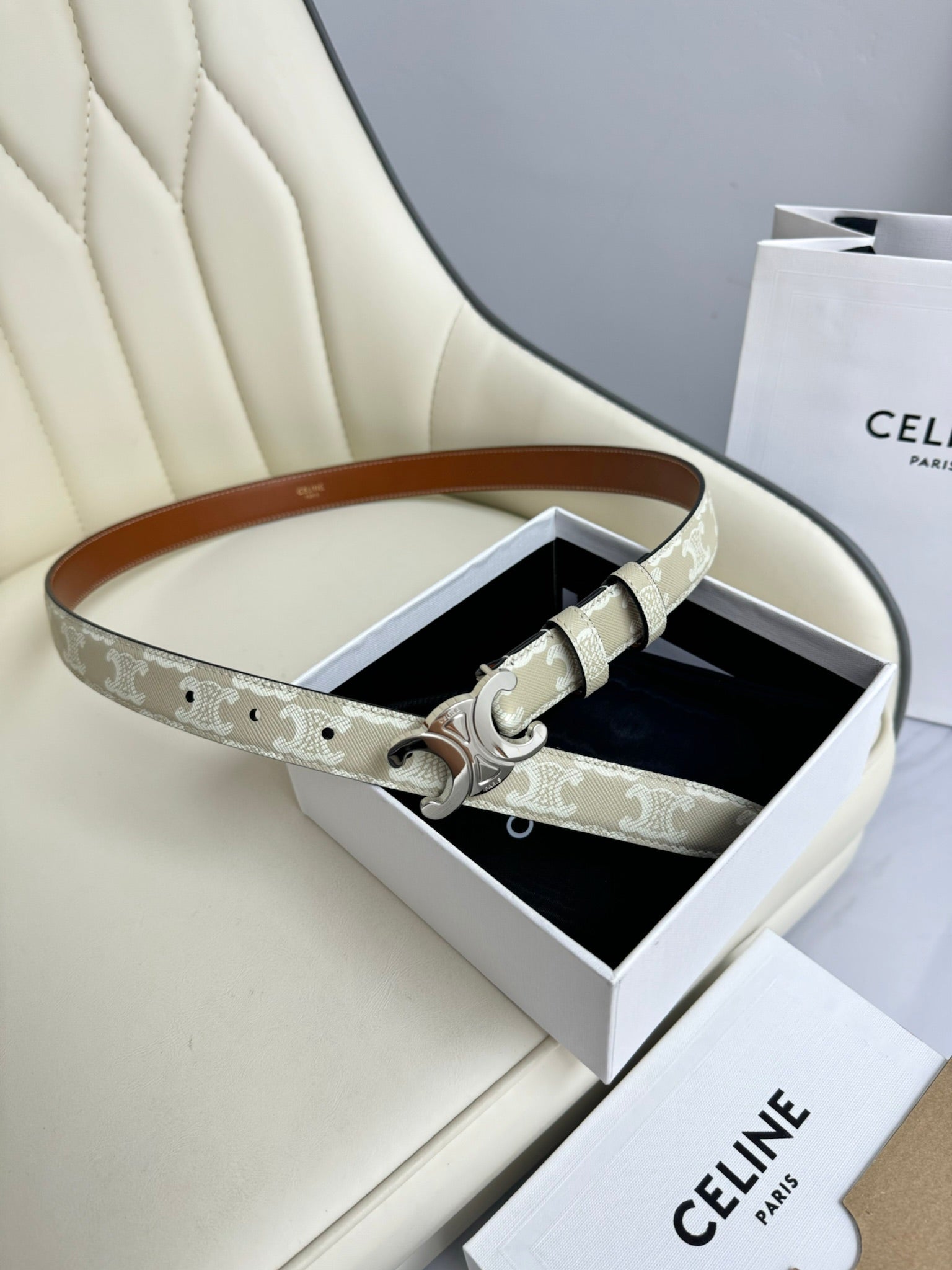 CEL Silver 25mm Triomphe Belt White Beige Canvas 180419