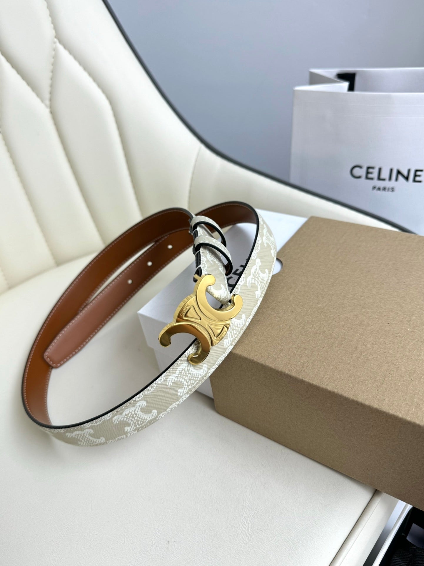 CEL Gold 25mm Triomphe Belt White Beige Canvas 180418
