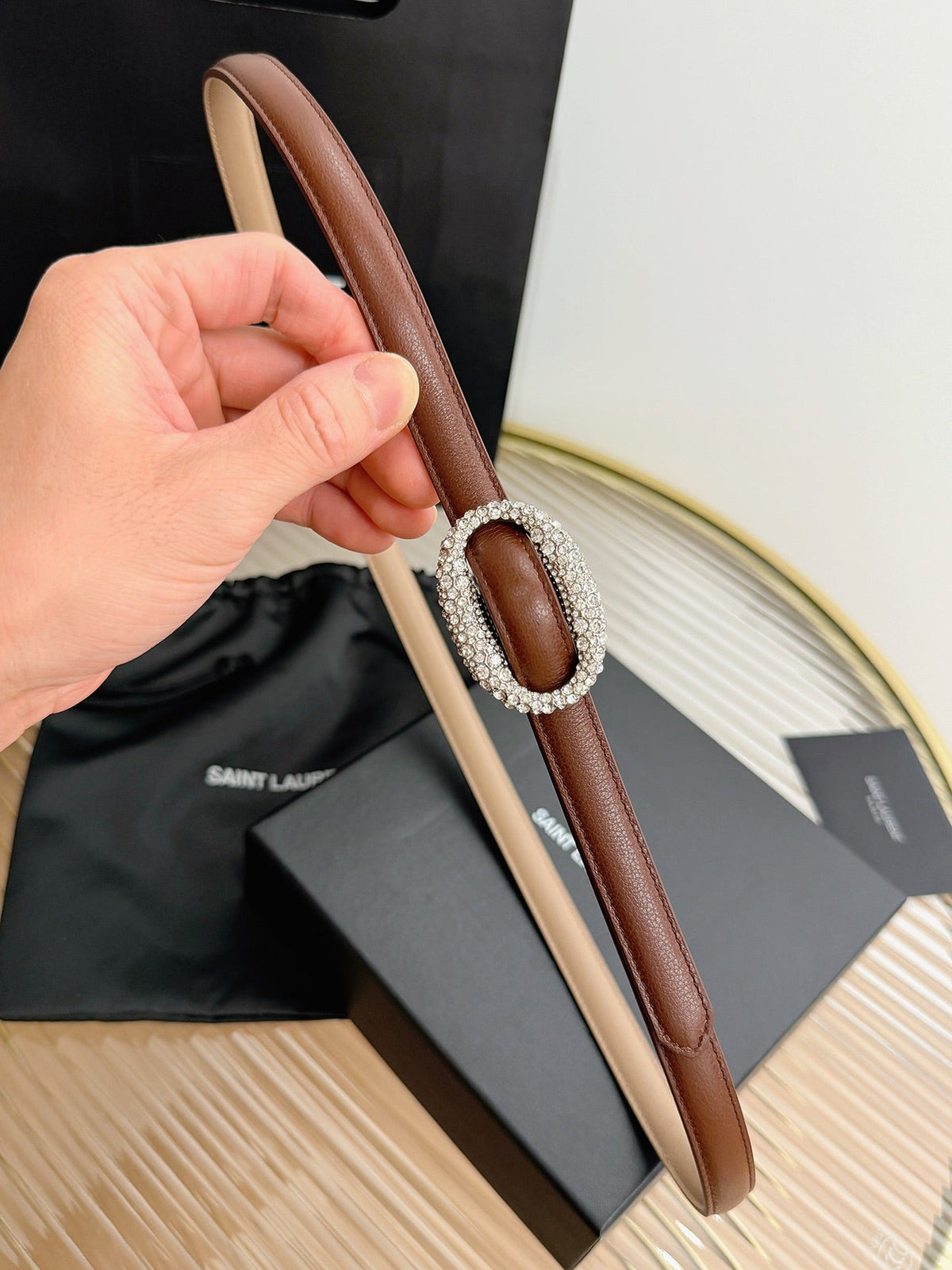Saint Laurent 2026 Oval Belt 15mm Brown Leather 219066