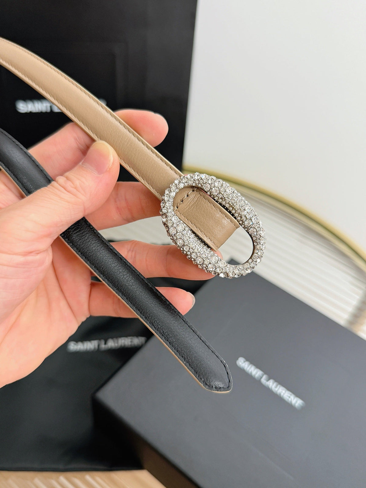 Saint Laurent 2026 Oval Belt 15mm Beige Leather 219073