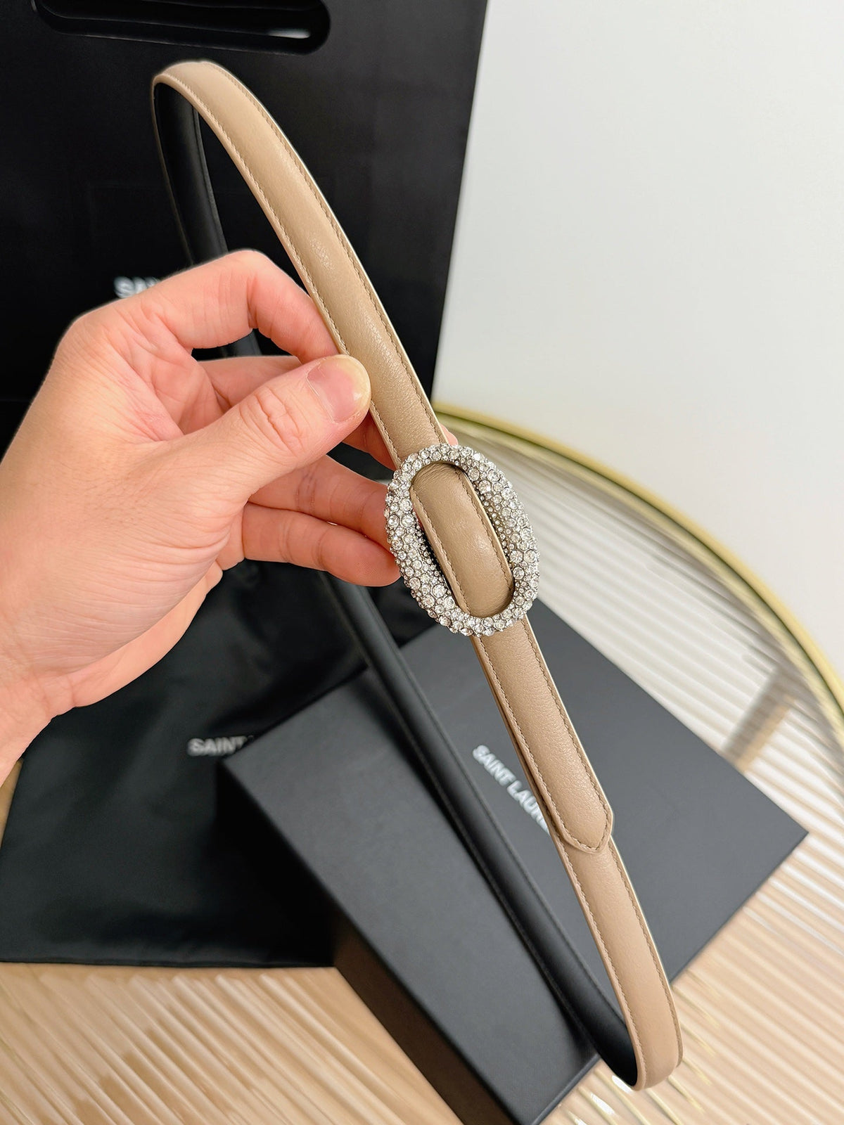 Saint Laurent 2026 Oval Belt 15mm Beige Leather 219073