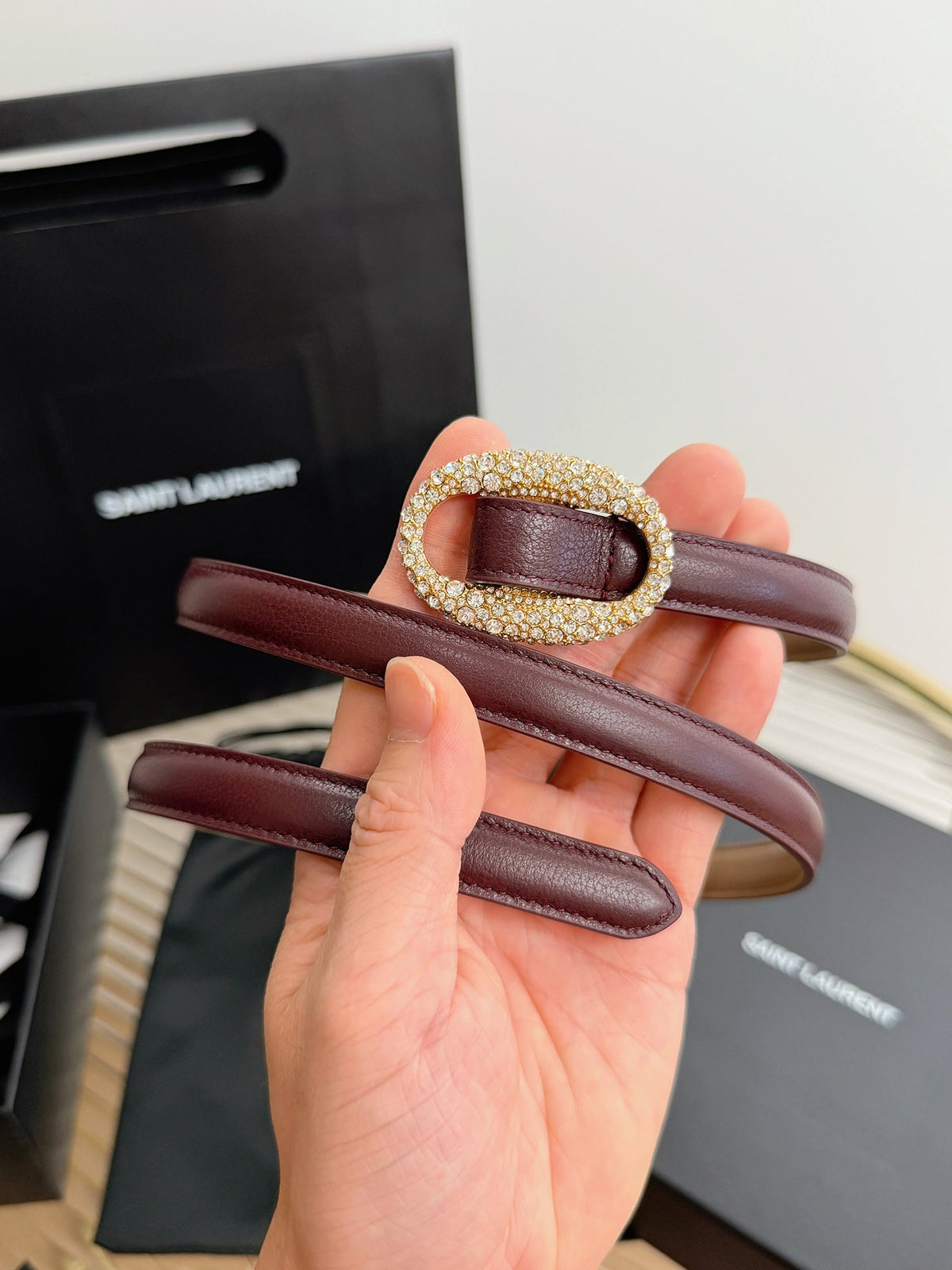 Saint Laurent 2026 Oval Belt 15mm Burgundy Leather 219084