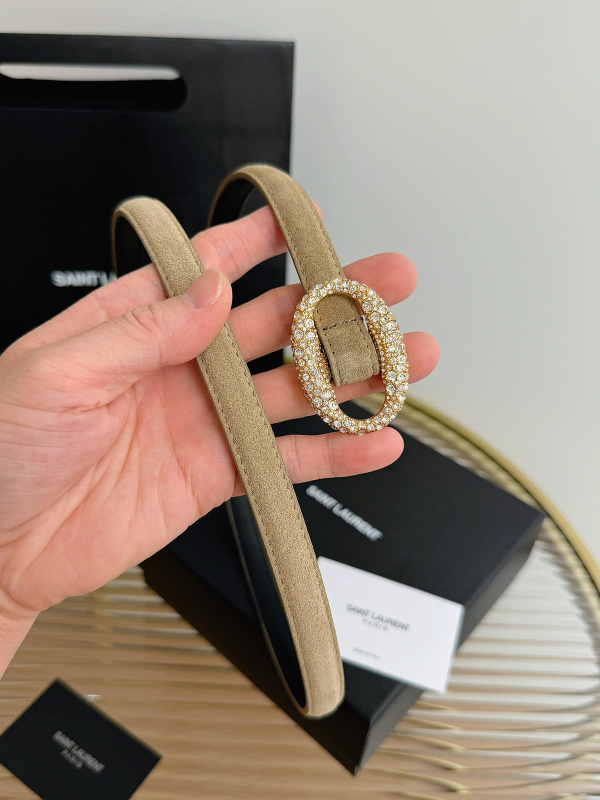 Saint Laurent 2026 Oval Belt 15mm Beige Suede 219123