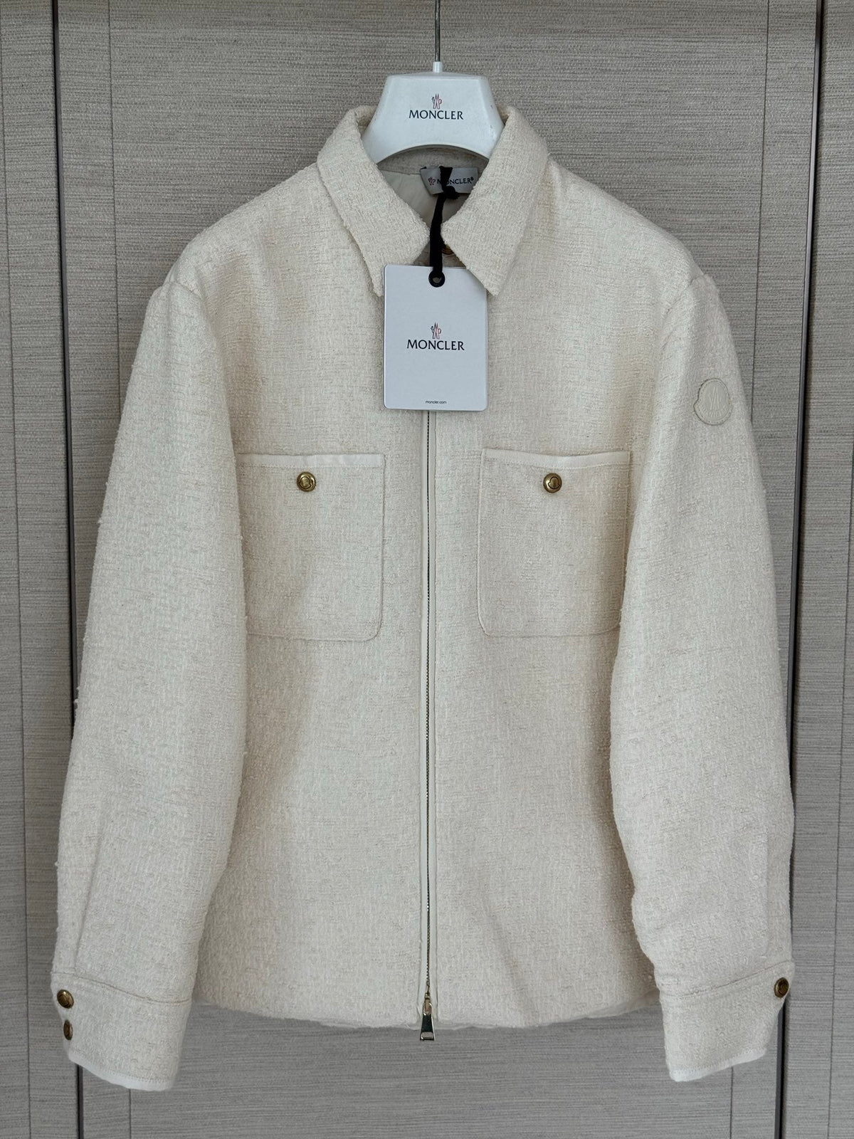 Moncler 2026 Bouclé Down Shirt Jacket Off-white Cotton Down