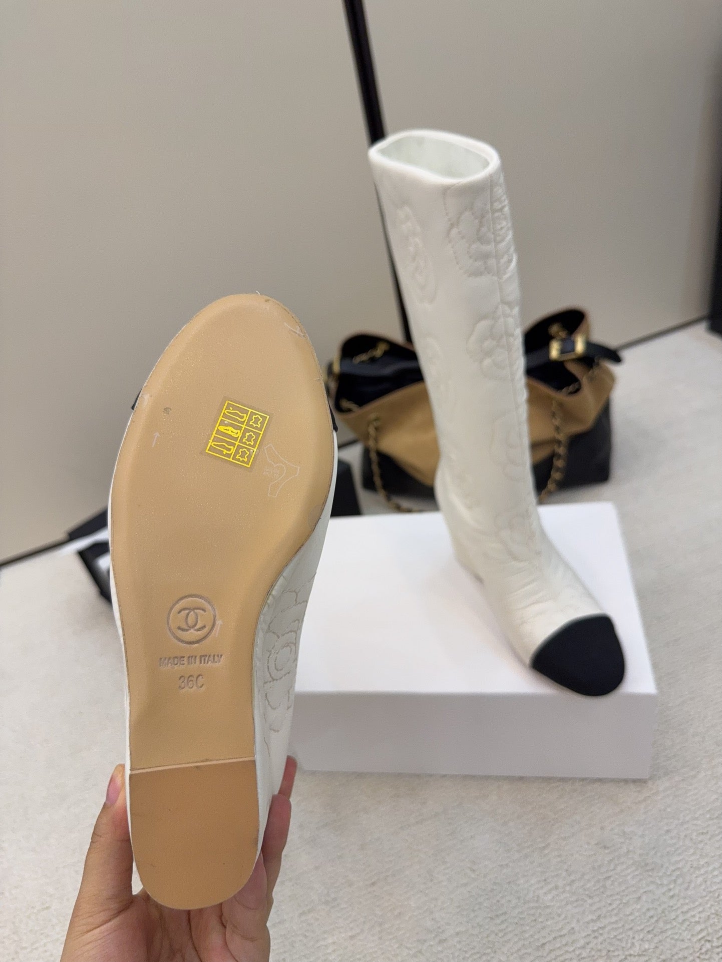 CC 26 Wedge Boot With Quilted Camellia Pattern White Black Fabric 588891