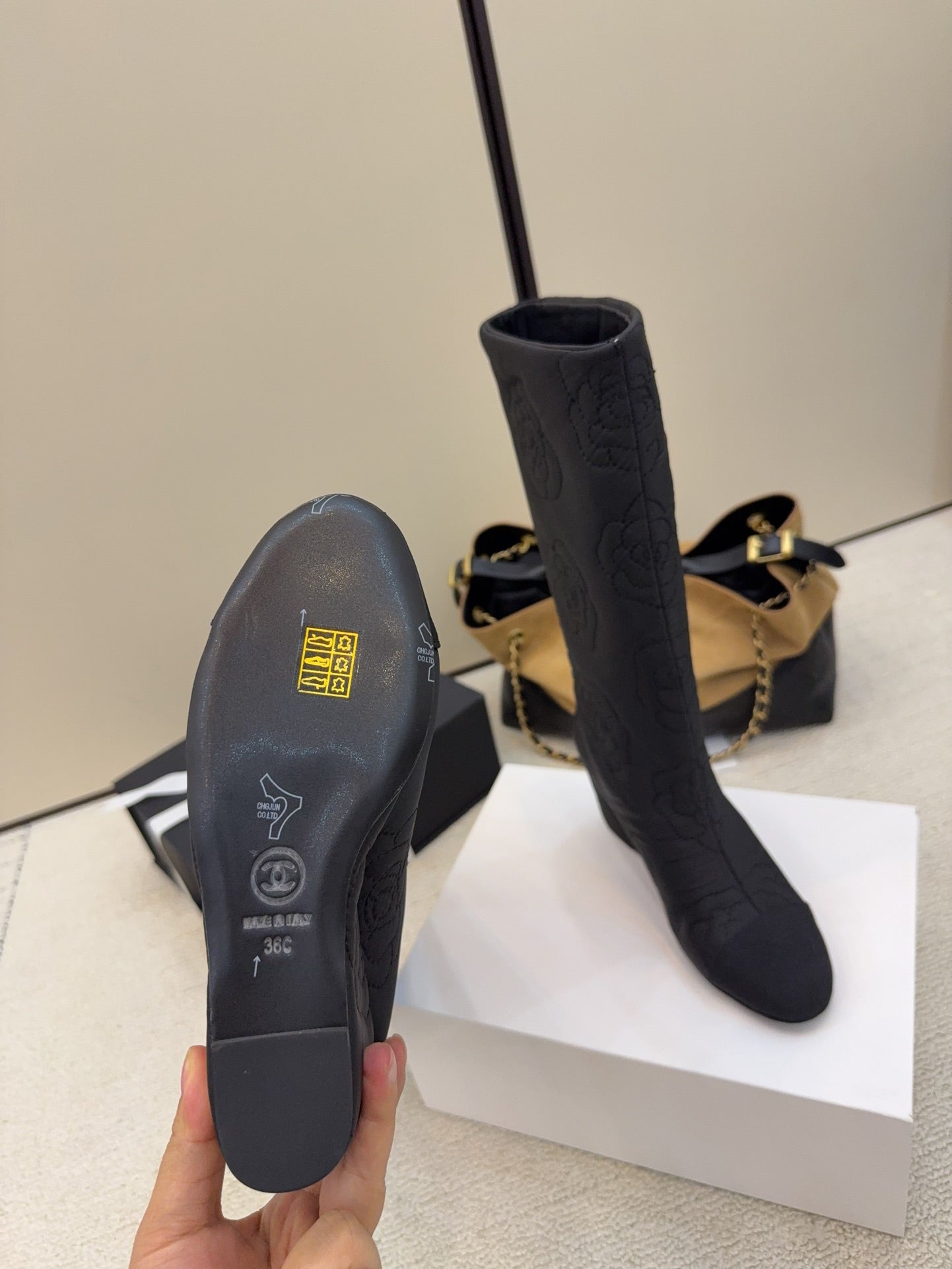 CC 26 Wedge Boot With Quilted Camellia Pattern Black Fabric 588892