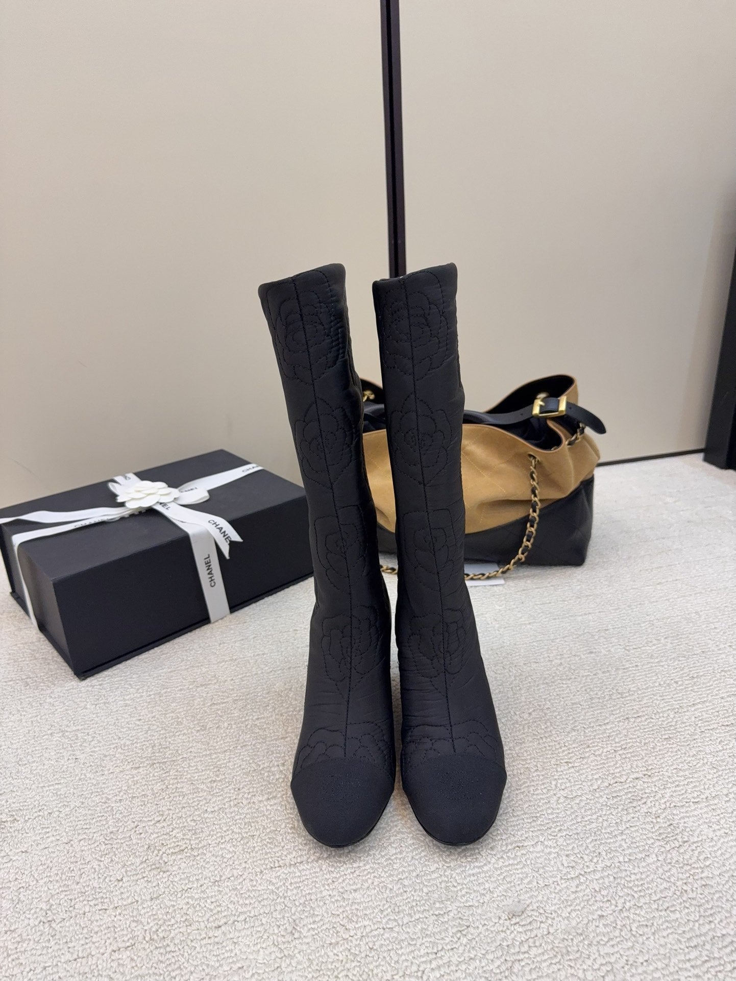 CC 26 Wedge Boot With Quilted Camellia Pattern Black Fabric 588892