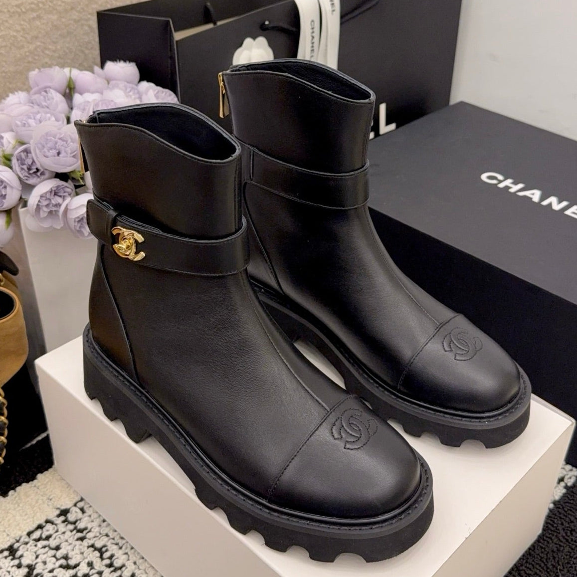 CC 26 Boot With Lug Sole Black Calfskin 588678