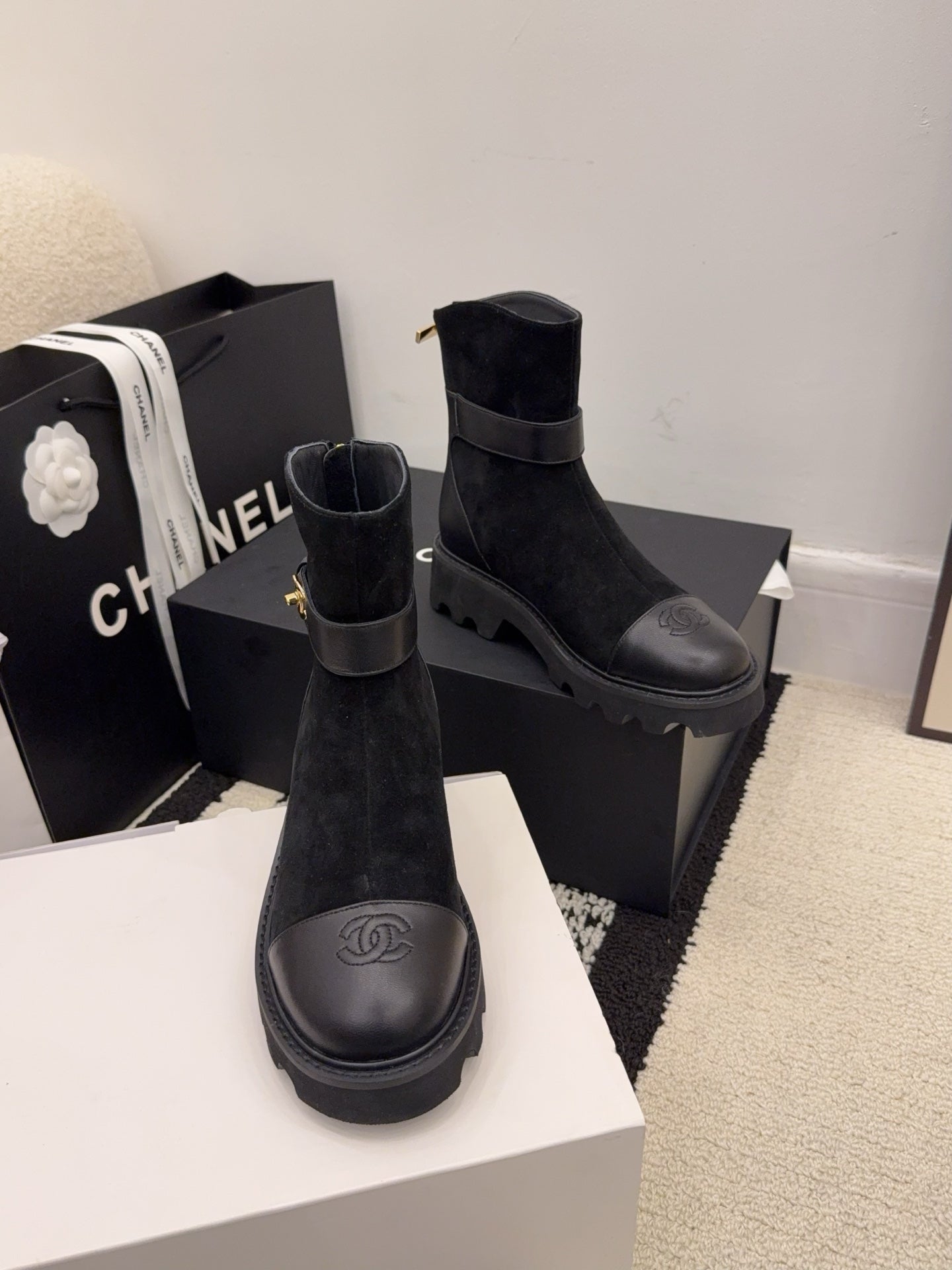 CC 26 Boot With Lug Sole Black Suede Leather 588681