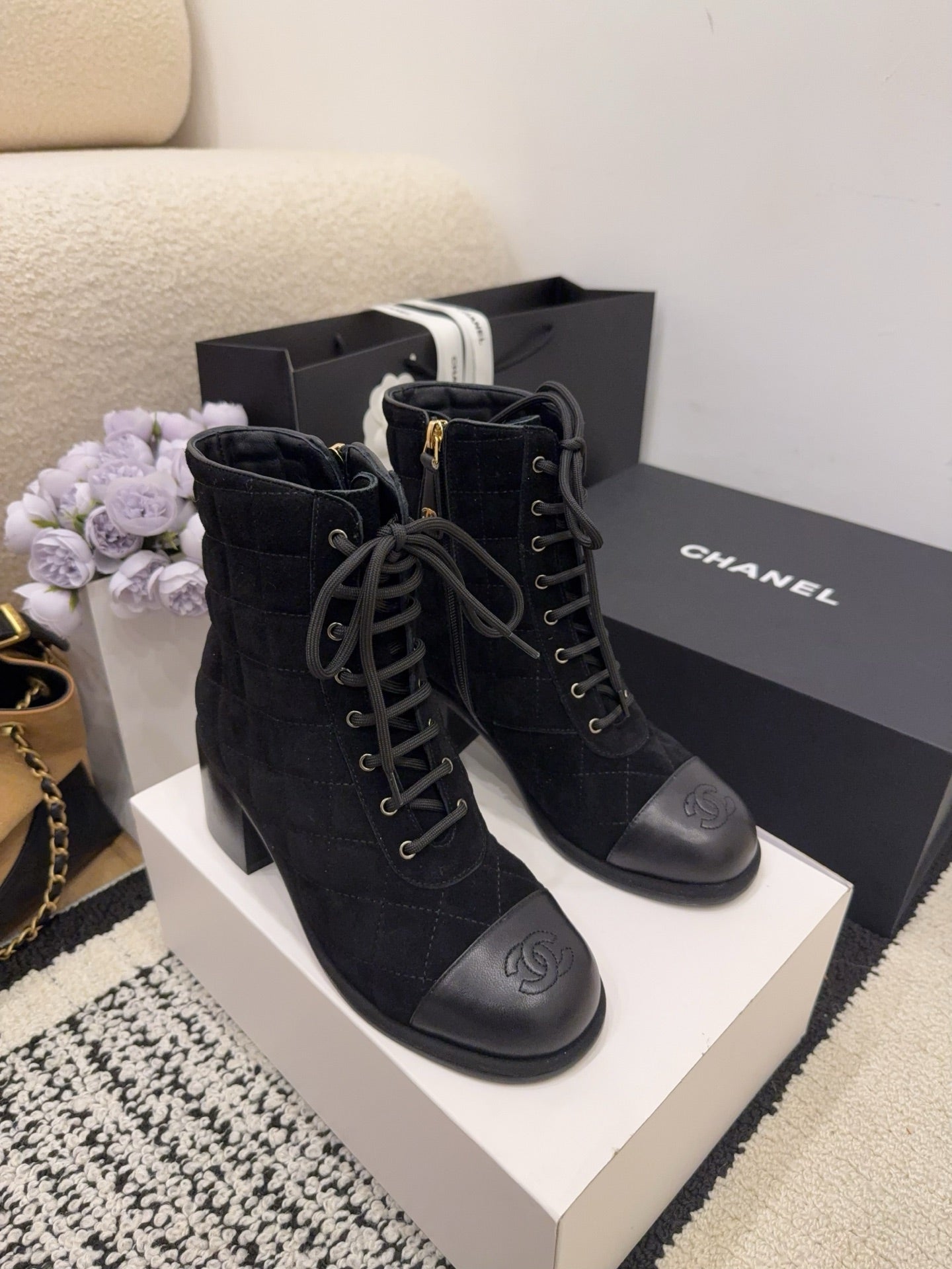 CC 26 Quilted Lace-up Boot Black Suede Calfskin 588816