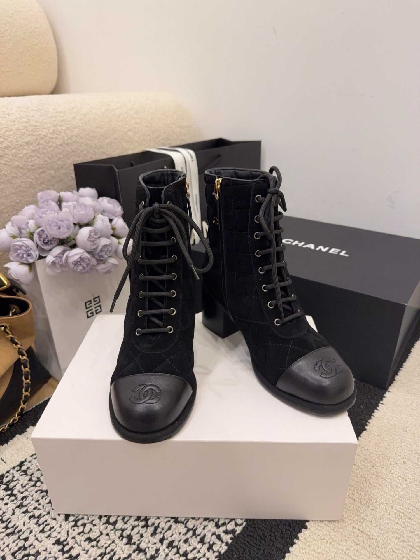 CC 26 Quilted Lace-up Boot Black Suede Calfskin 588816