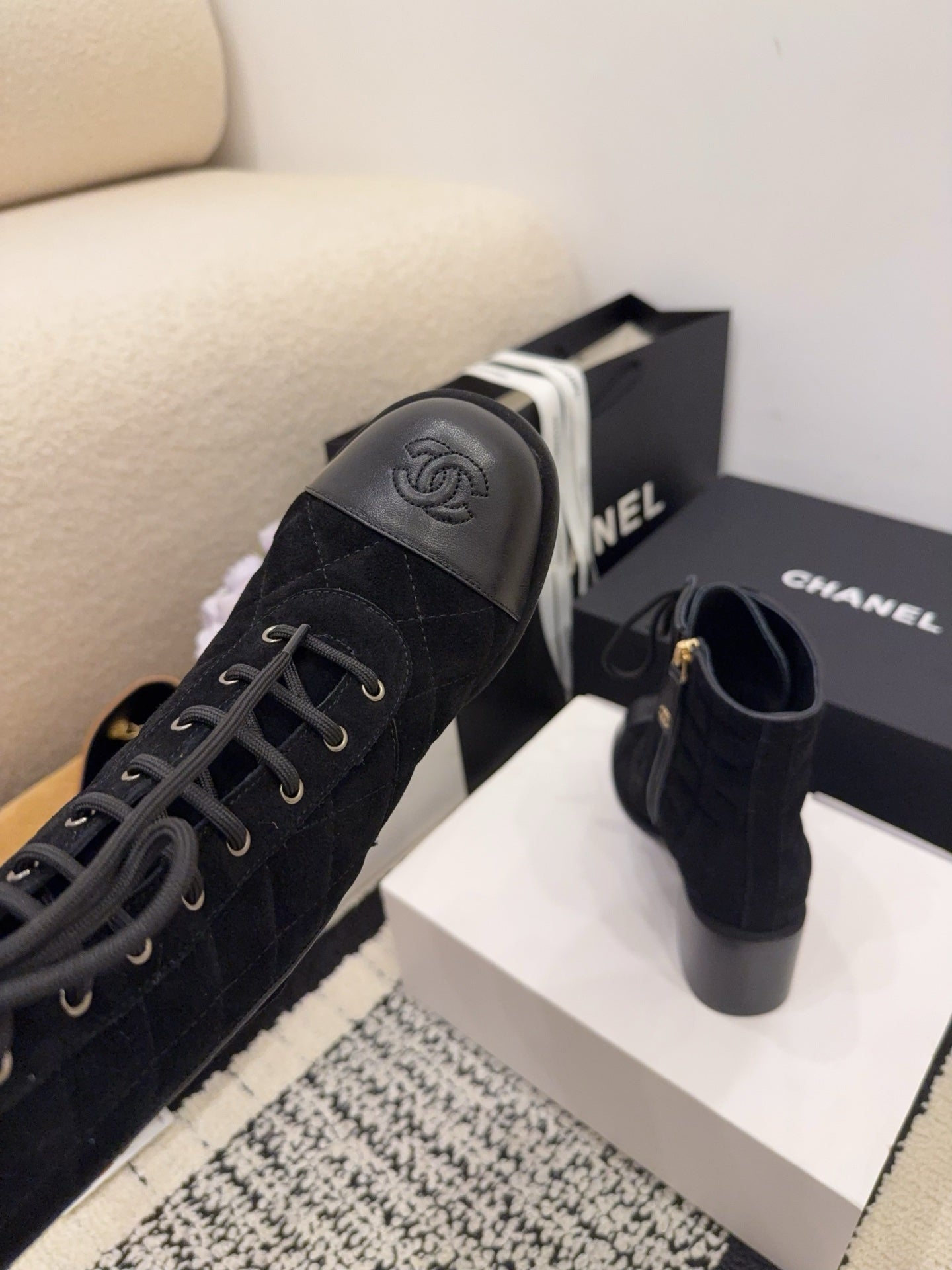 CC 26 Quilted Lace-up Boot Black Suede Calfskin 588816